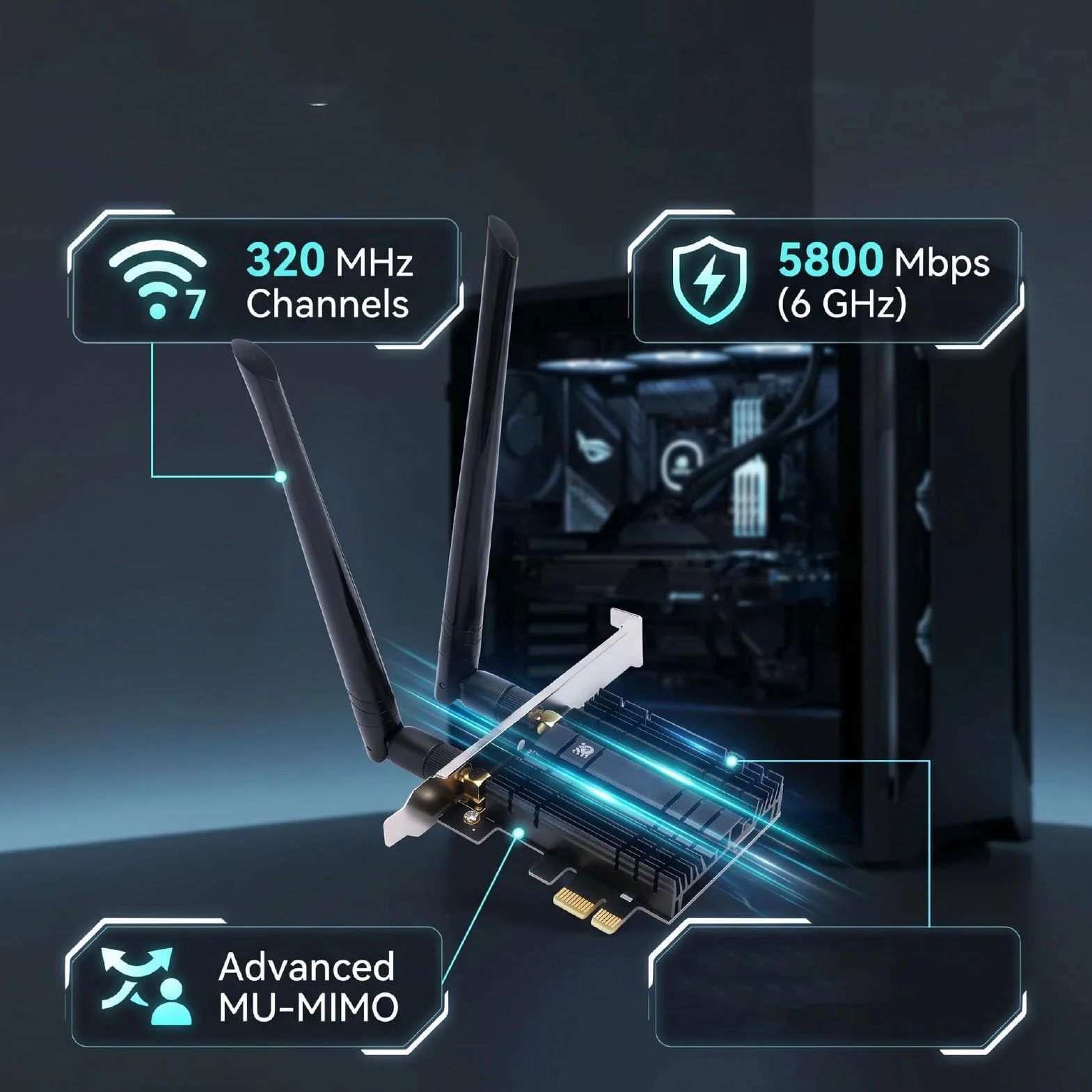 Bewinner Karta WiFi 7 PCIe, Trójzakresowy BE200 NGW 8774Mbps, Bluetooth 5.4 | Trójzakresowy 8774 Mb/s, 6 GHz 5 GHz 2,4 GHz, Bluetooth 5.4, dwie anteny, adapter PCIe do komputerów stacjonarnych, system