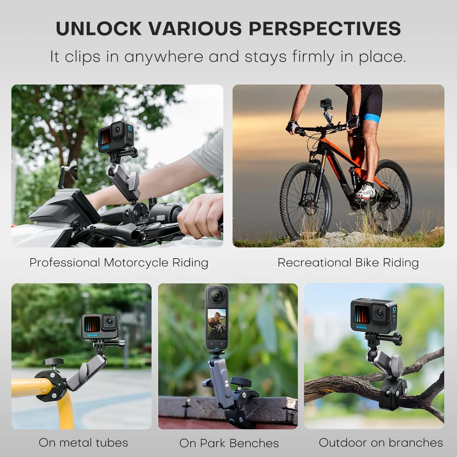 REYGEAK Mocowanie kamery z podwójną głowicą kulową 360° ze śrubami 1/4, uchwyt na kierownicę rowerową z podwójnym pazurem do Gopro Max Hero 13/12/11/10/9