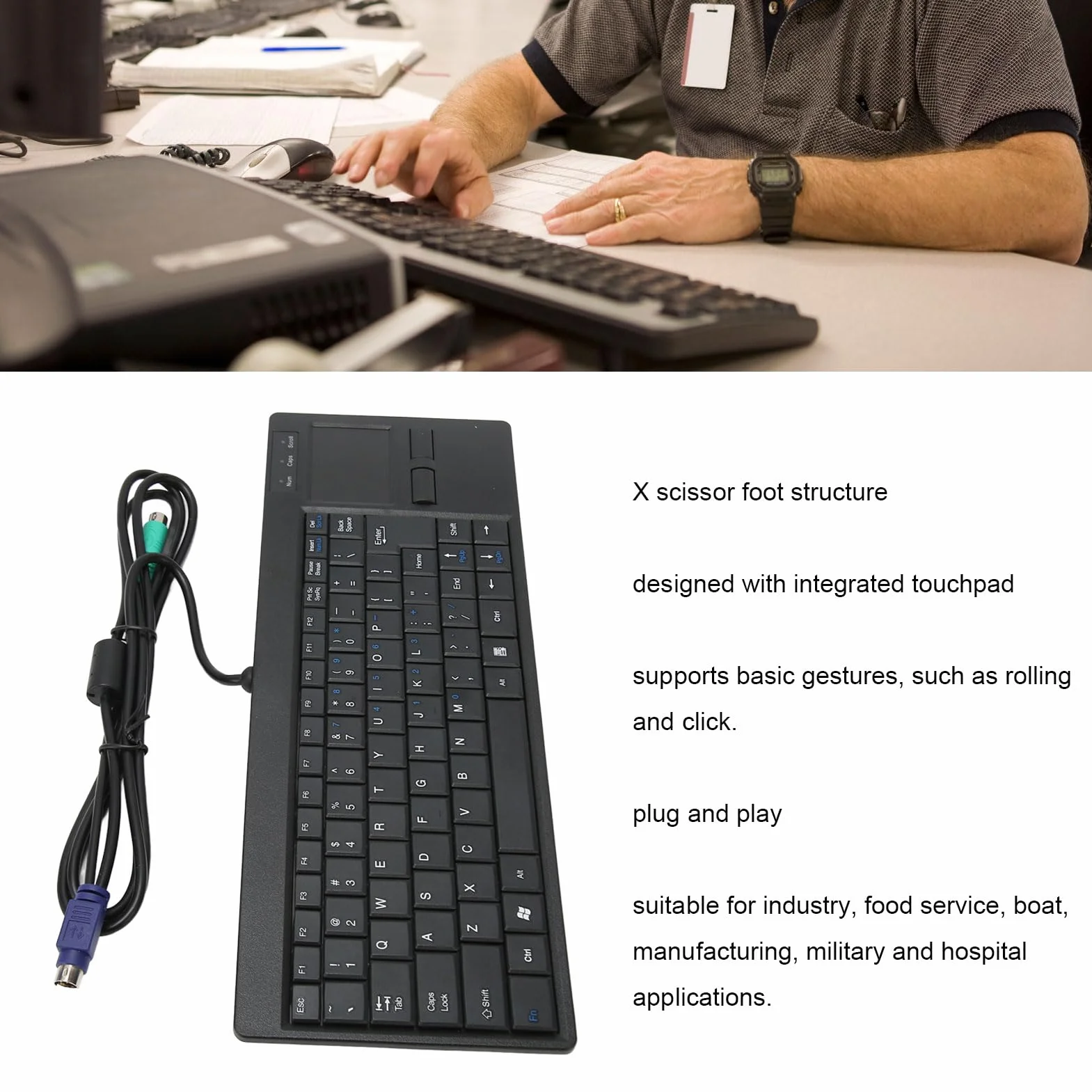 Przewodowa Klawiatura Przemysłowa z Panelem Dotykowym, Przewodowa Kompaktowa Przenośna Klawiatura Przemysłowa, X Scissor Foot Plug and Play Klawiatura IPC IPC do (Interfejs for