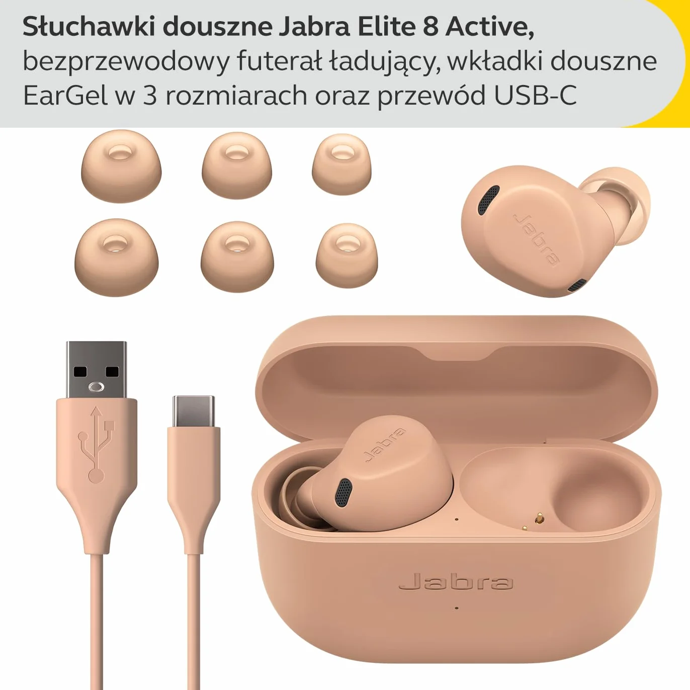 Jabra Elite 8 Active bezprzewodowe słuchawki douszne Bluetooth z adaptacyjną hybrydową aktywną redukcją szumów i 6 wbudowanymi mikrofonami, odporne na wodę i pot - karmel