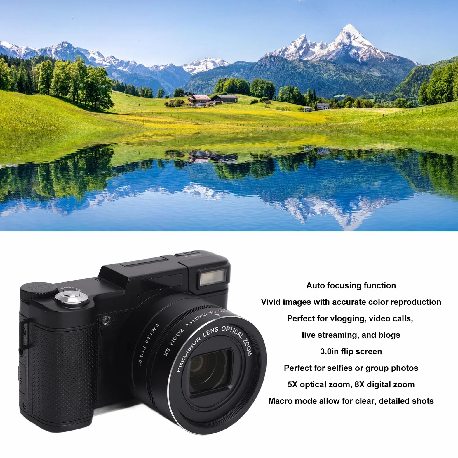 Aparat Cyfrowy, Aparat do Vlogowania HD 4K 48 MP, 3-calowym Odchylanym Ekranem, 5-krotny Zoom Optyczny/8-krotny Zoom Cyfrowy, Tryb Makro, Stabilizator Obrazu, Autofokusem