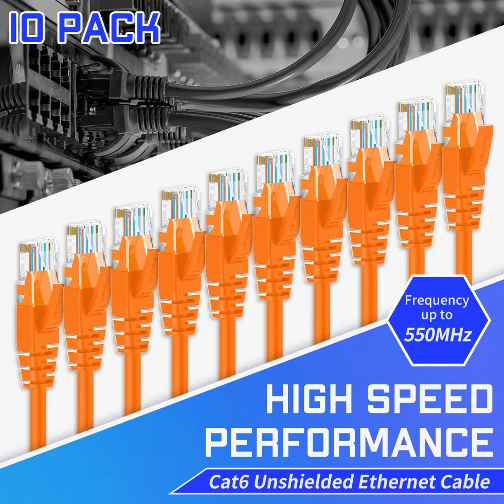 10 x kabel Ethernet Cat6 1,5 m, kabel połączeniowy RJ45 Cat6, nieekranowany, pomarańczowy