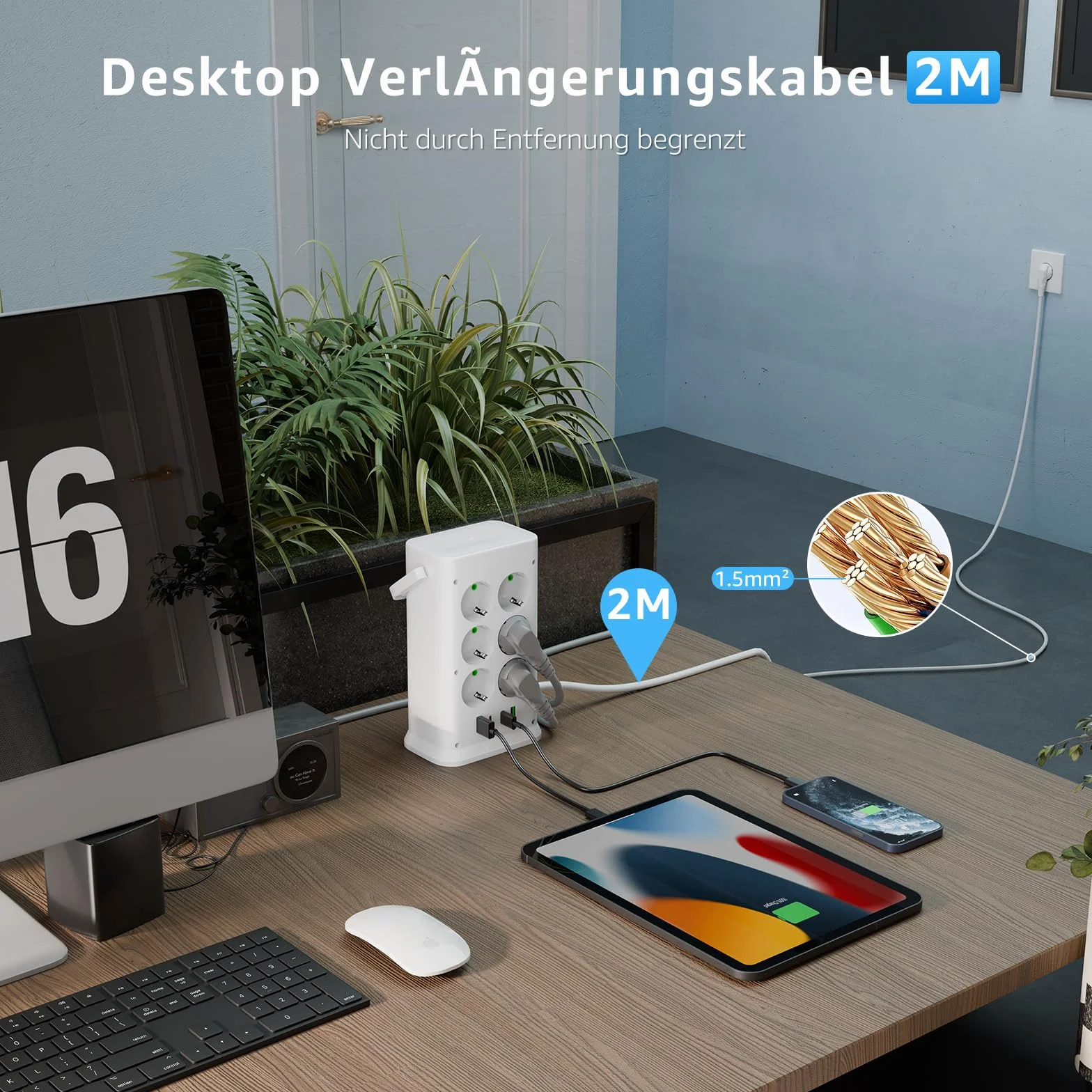 Listwa zasilająca z 12 gniazdami z 4 portami USB i światłem, listwa zasilająca 16 w 1, listwa zasilająca z przełącznikiem, ochrona przed przepięciem, przedłużacz 2 m, do domu, biura