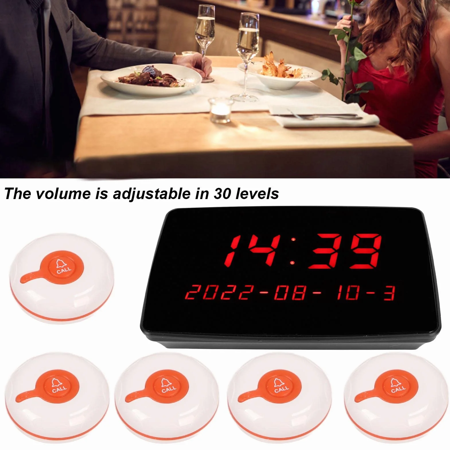 Bezprzewodowy system przywoławczy, system przywoławczy w kolejce do restauracji z 20 szt. wodoodpornych przycisków wywołania Bezprzewodowy system przywoławczy dla pizzerii, kościołów i sklepów samocho