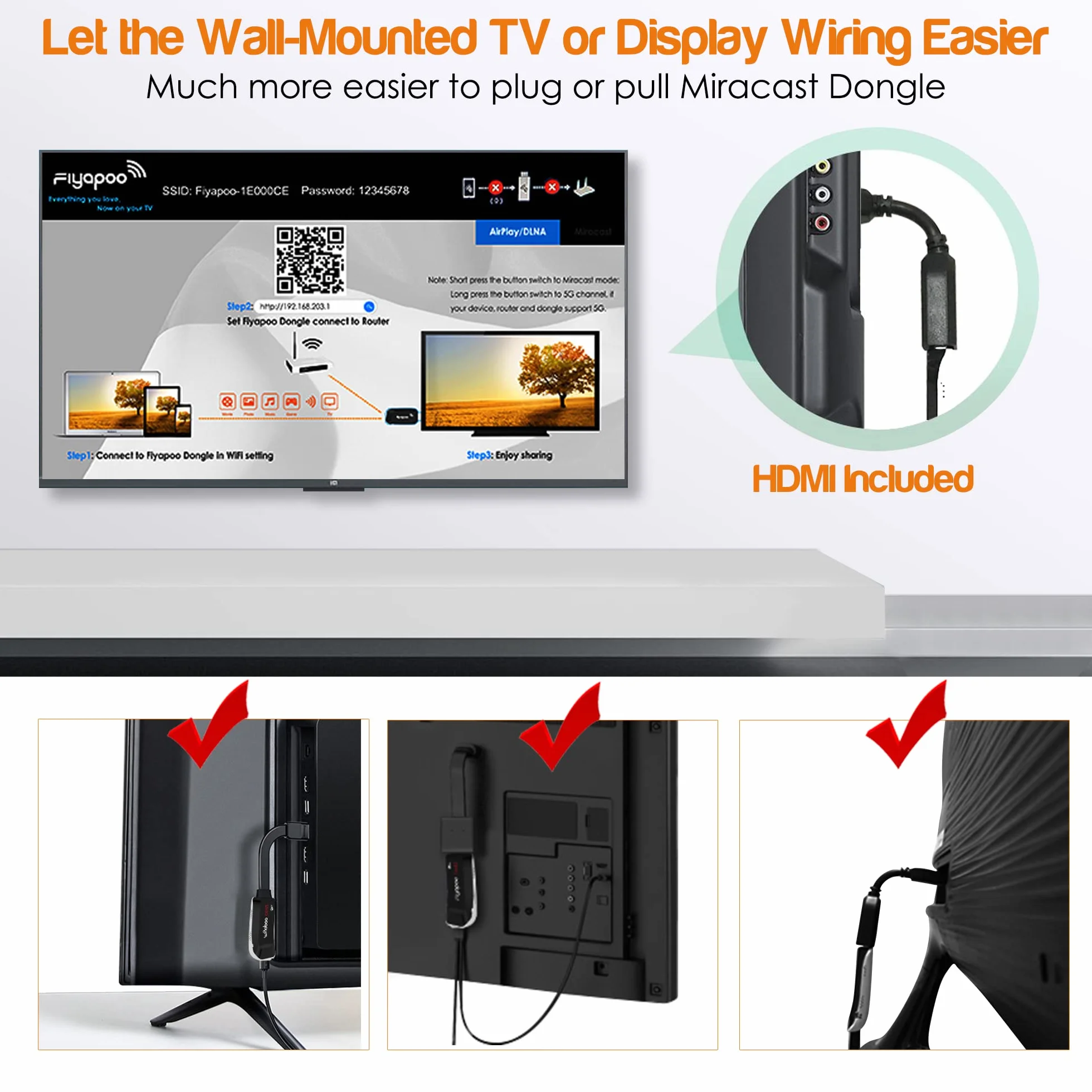 Bezprzewodowy klucz HDMI Miracast 4K & 5G - Streaming dla iPhone/iPad/Android/iOS/Windows/Mac, PC HD Fire Stick TV, monitora, projektora (obsługuje DLNA)