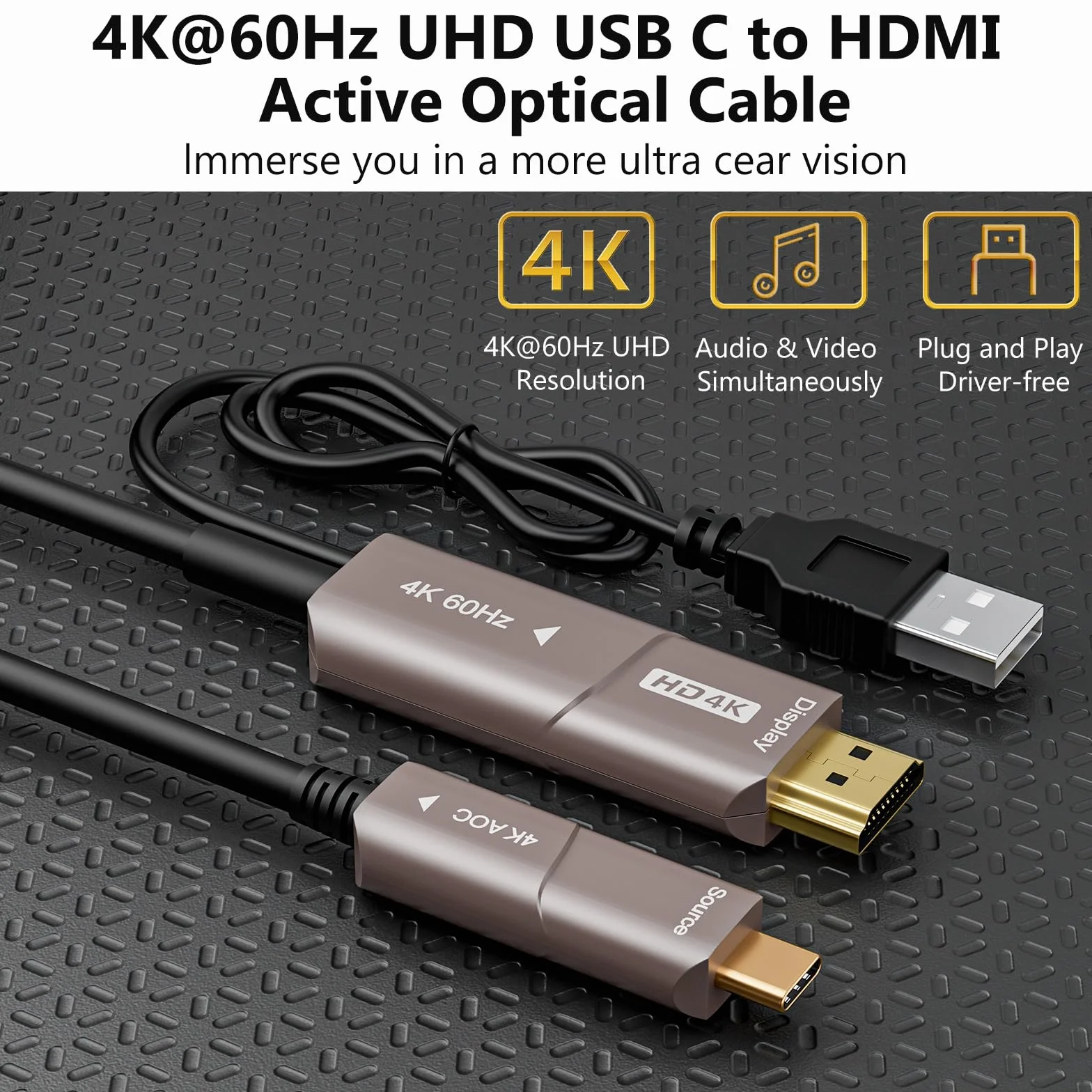 Kabel USB C na HDMI Fiber Optic kabel USB 3.1 Type C do 4K HDMI, kompatybilny z Thunderbolt 3/4, do MacBook Pro/Air (F0402-AOC-10M)