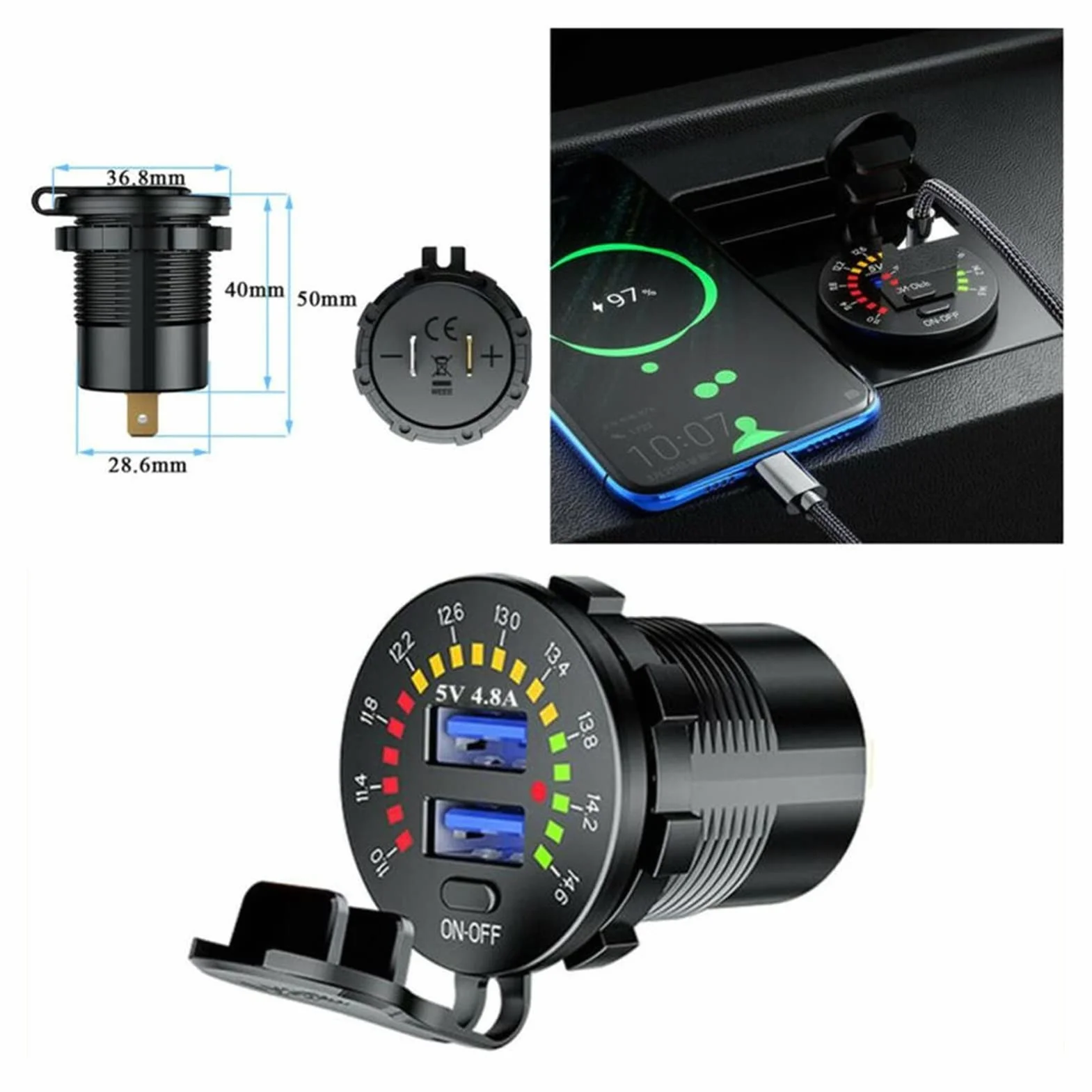 5V 4.8A Podwójny USB z wyświetlaczem woltomierza LED Ładowarka samochodowa do telefonu komórkowego Adapter Narzędzia zapalniczka