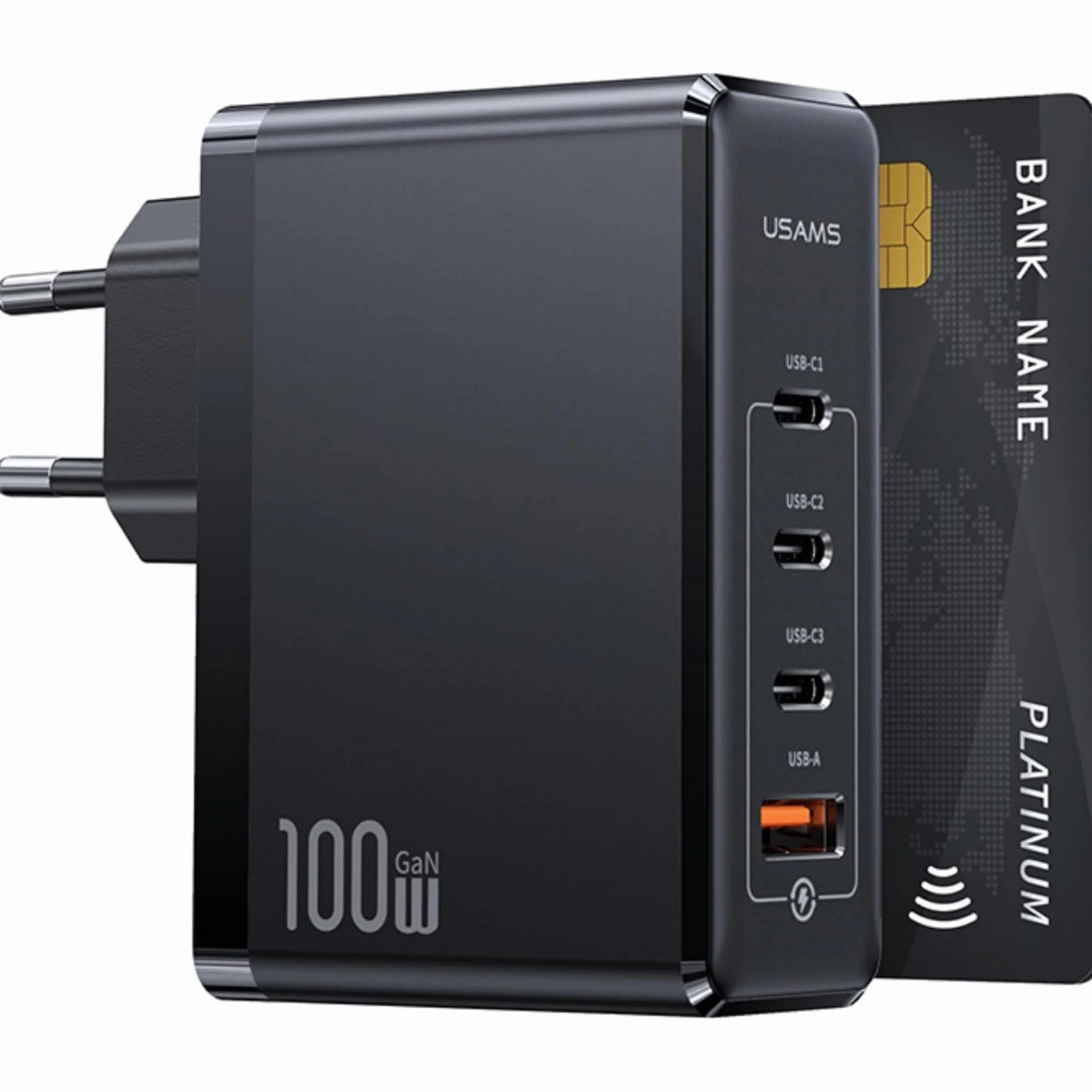 P4Y Ładowarka sieciowa 3XUSB-C+1XUSB US-CC163 T50 Szybkie ładowanie 100W QC3.0/QC2.0/AFC/SCP/FCP/PD3.0 Chip GaN (EU) Czarna