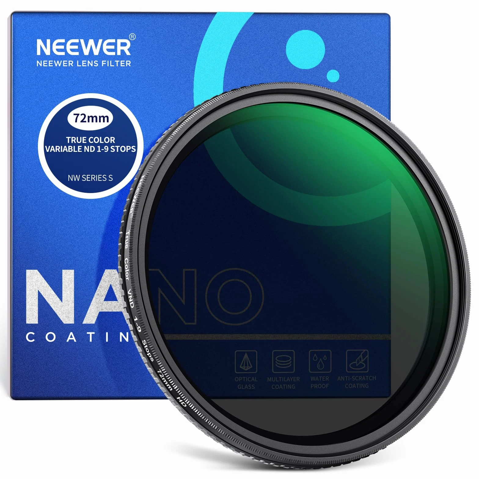 NEEWER 72 mm True Color Variable ND2-ND400 filtr, twarde ograniczniki, regulowany filtr VND o neutralnej gęstości, z wielowarstwowym szkłem optycznym HD, aluminiową ramą, wodoodpornym, odpornym na