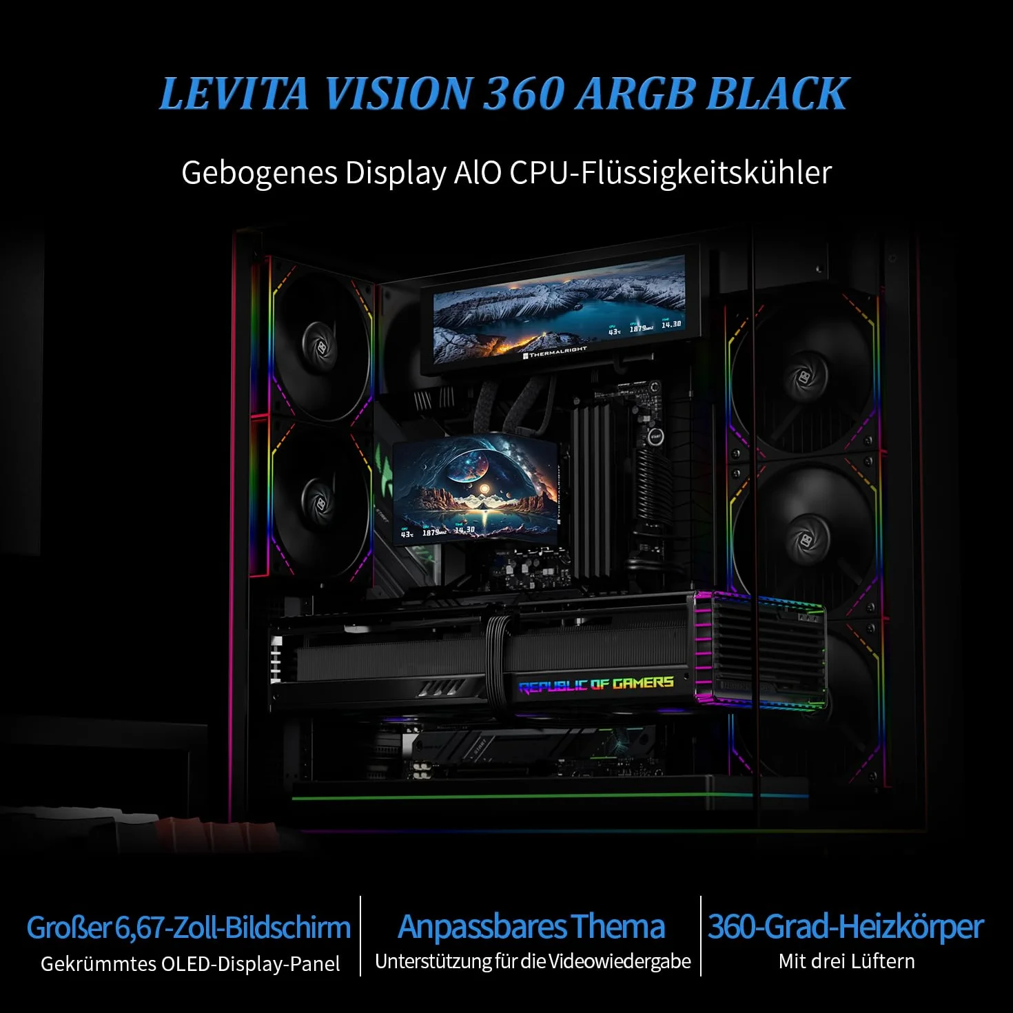 TR Levita Vision 360 ARGB czarna chłodnica procesora AIO bezprzewodowa, zakrzywiony ekran o rozdzielczości 2400 x 1080, do AM4/AM5, Intel LGA1851/1700, wyświetlacz 3D 6,67"