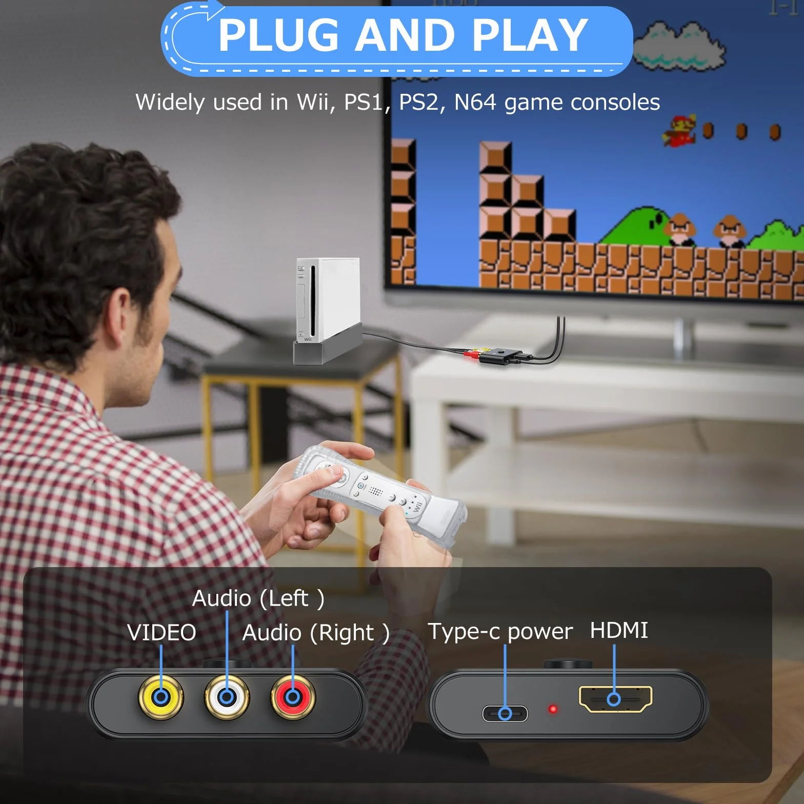 CAMWAY Konwerter RCA na HDMI 1080P AV na HDMI Adapter Kompozytowy CVBS PAL NTSC Wii PS1 PS2 N64 Xbox