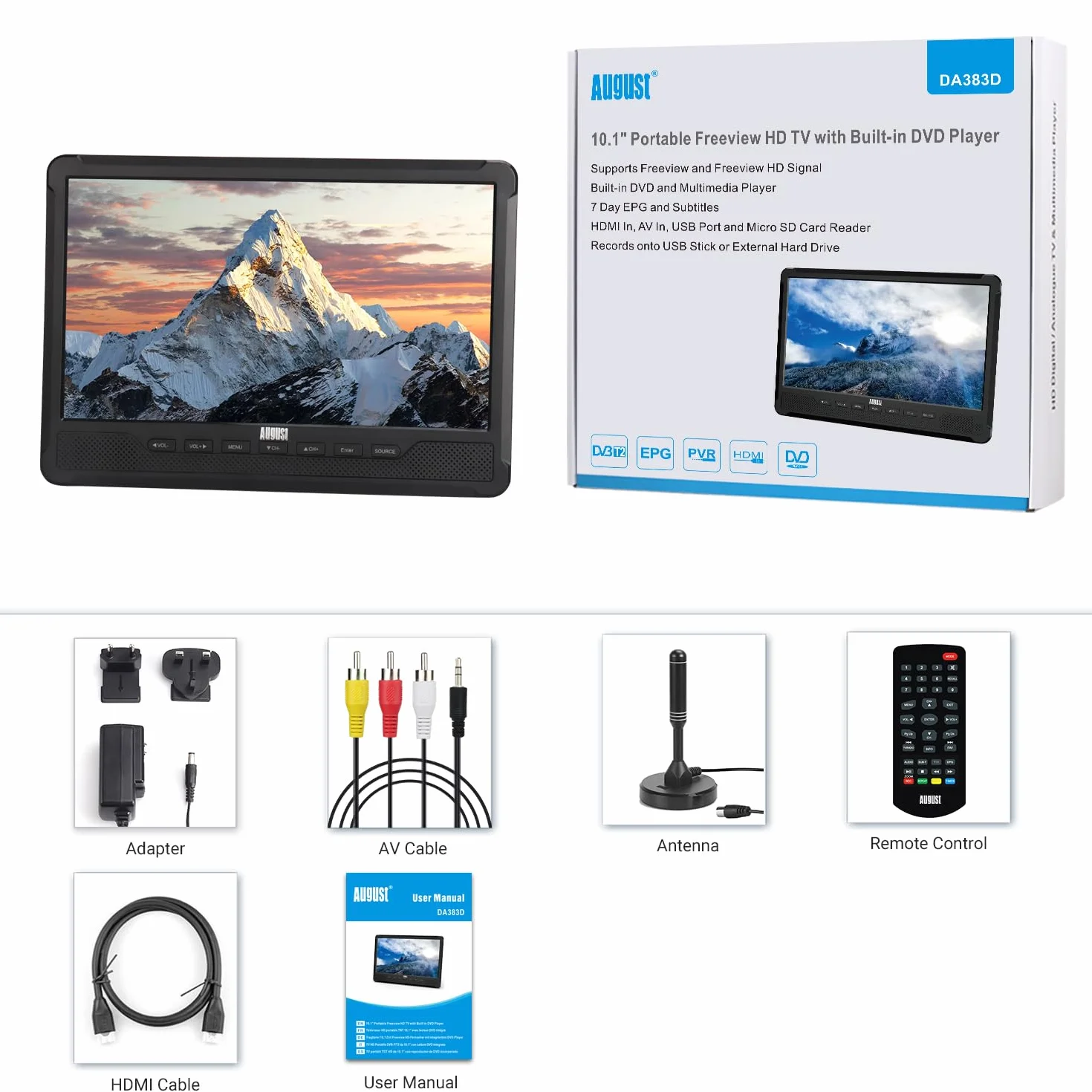 August DA383-10'' przenośny telewizor z wbudowanym odtwarzaczem DVD-nagrywanie programów telewizji HD DVB-T2,wbudowana bateria,CD/DVD/USB/karty SD,HDMI,idealny w przyczepie kempingowej i w domu
