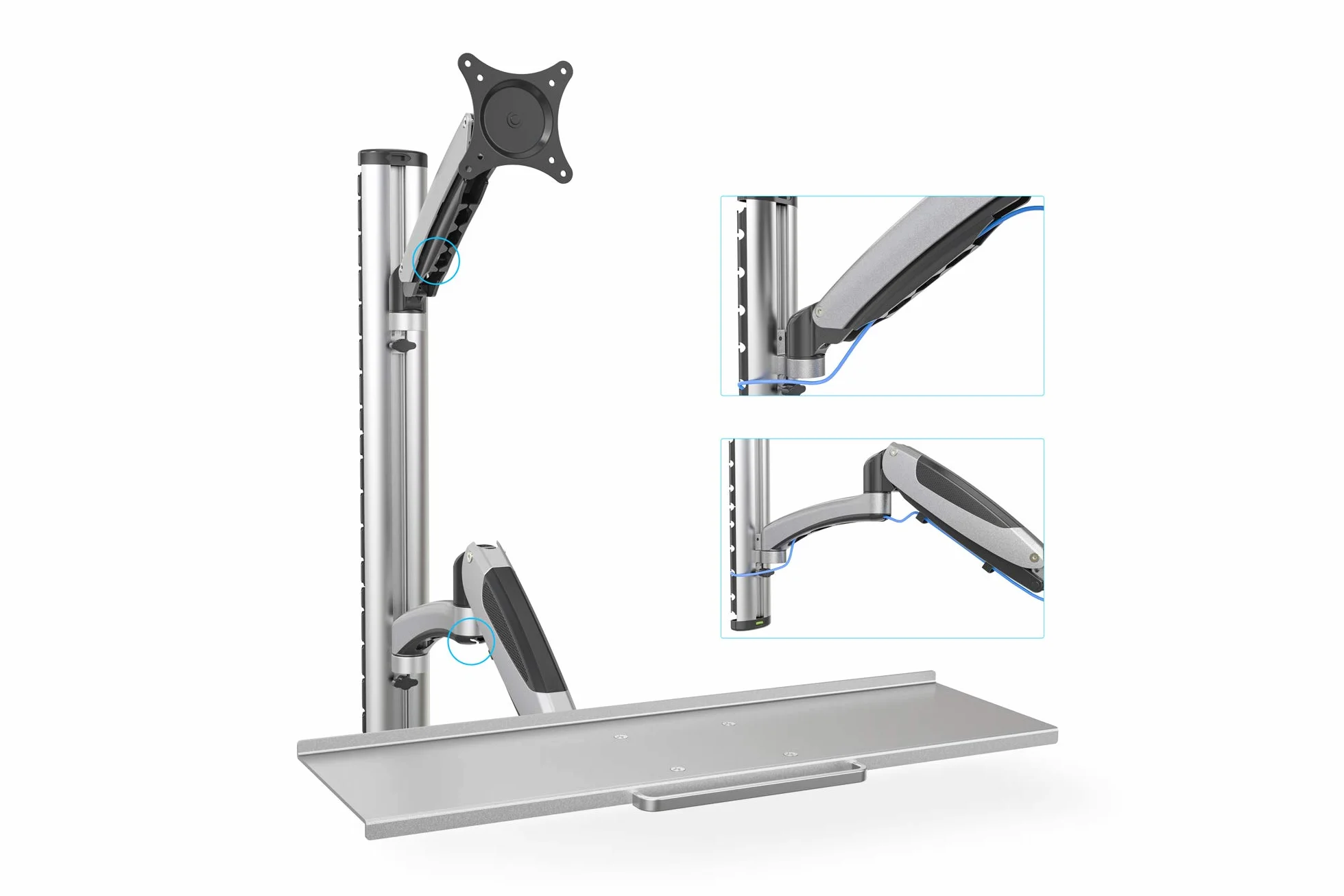 DIGITUS DA-90354 - Stacja robocza stojąca/siedząca - Uchwyt do monitora z półką na klawiaturę - Montaż ścienny - 2x sprężyna gazowa - 1 monitor - Do 27 cali - VESA 75x75, 100x100 - Srebrny