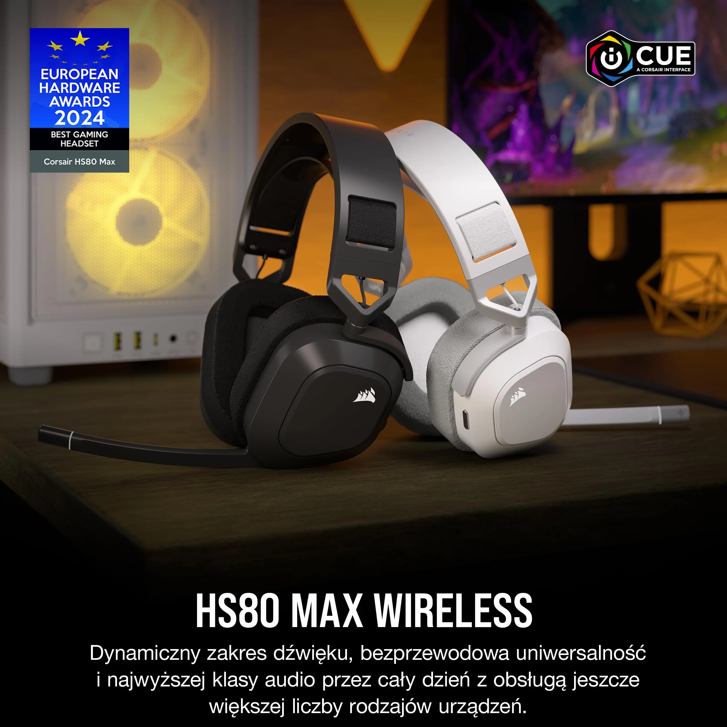 CORSAIR HS80 MAX WIRELESS Wieloplatformowy Zestaw Słuchawkowy do Gier z Bluetooth - Dolby Atmos - Mikrofon o Jakości Transmisji - Kompatybilny z iCUE - PC, Mac, PS5, PS4, Mobile - Stalowo-Szary