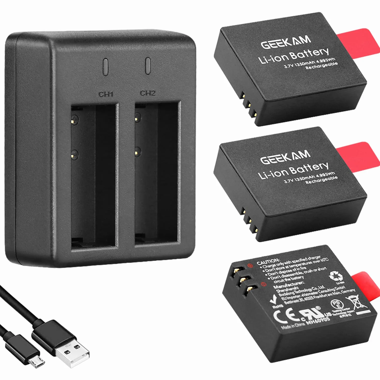 Akumulator Action Cam 1350 mAh (3 sztuki), z podwójnym otworem USB, kompatybilny z kamerą sportową AKASO EK7000, CAMPARK, Crosstour, APEMAN, SJ4000 itp