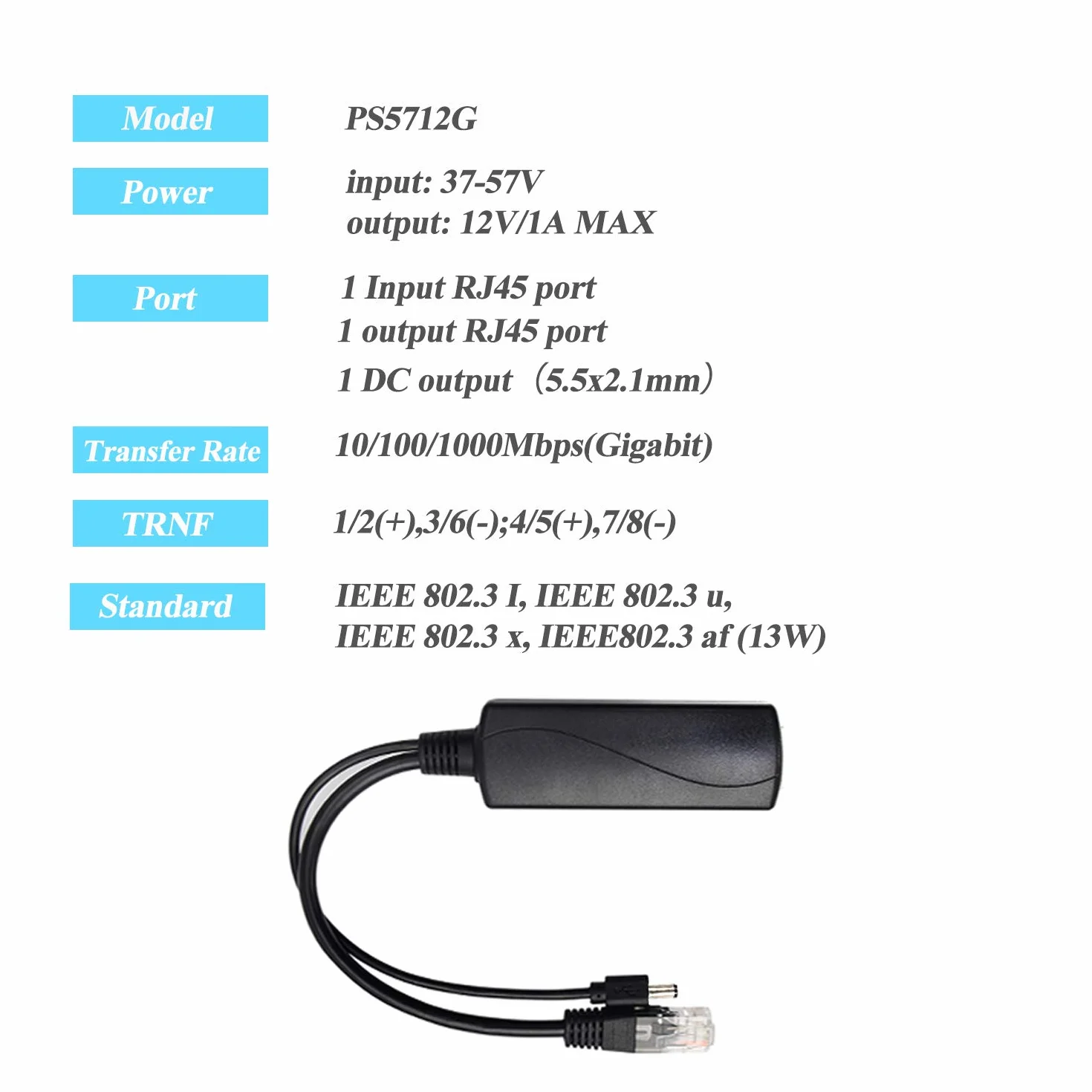 Rozdzielacz Gigabit PoE 12 V 1 A z wyjściem IEEE 802.3af Standardowy 10, 100, 1000 Mbps Power Over Ethernet rozdzielacz adapter do kamery IP CCTV monitoringu 5,5 x 2,1 mm kabel z wtyczką DC (PS5712G)