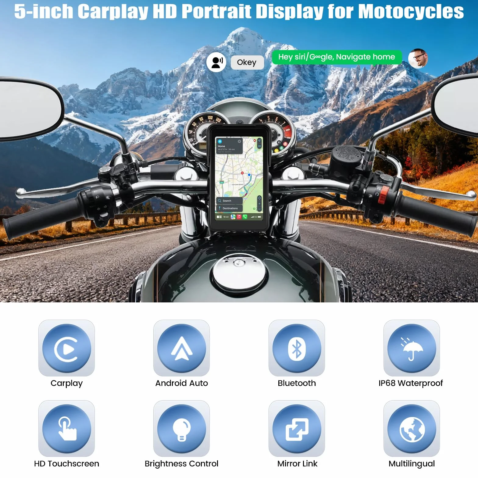 [2026 CARPLAY] CAMECHO 5-calowy pionowy ekran dotykowy bezprzewodowy CarPlay dla motocykli z Android Auto bezprzewodowym GPS IP68 Bluetooth i regulacją EQ dla uniwersalnych motocykli