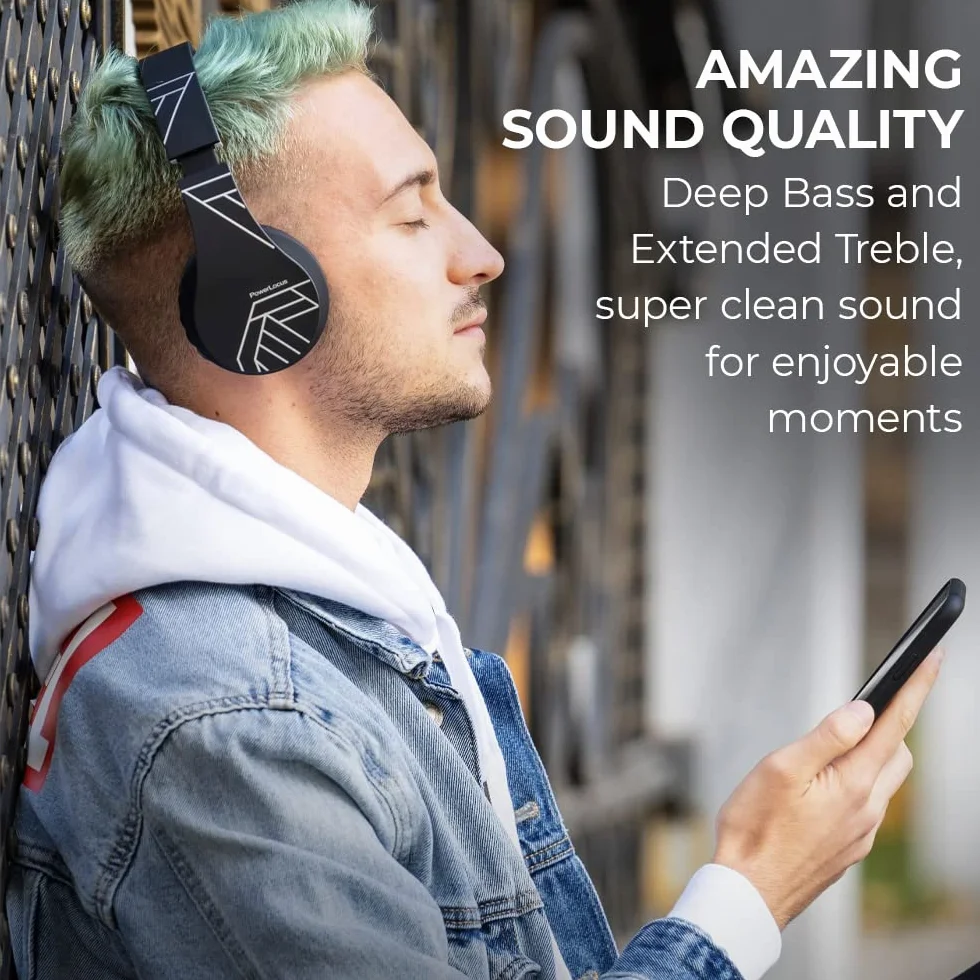 PowerLocus Słuchawki nauszne Bluetooth, bezprzewodowe słuchawki z mikrofonem, składane, miękkie nauszniki z pianki z pamięcią kształtu i lekkie, Micro SD/TF, radio FM do