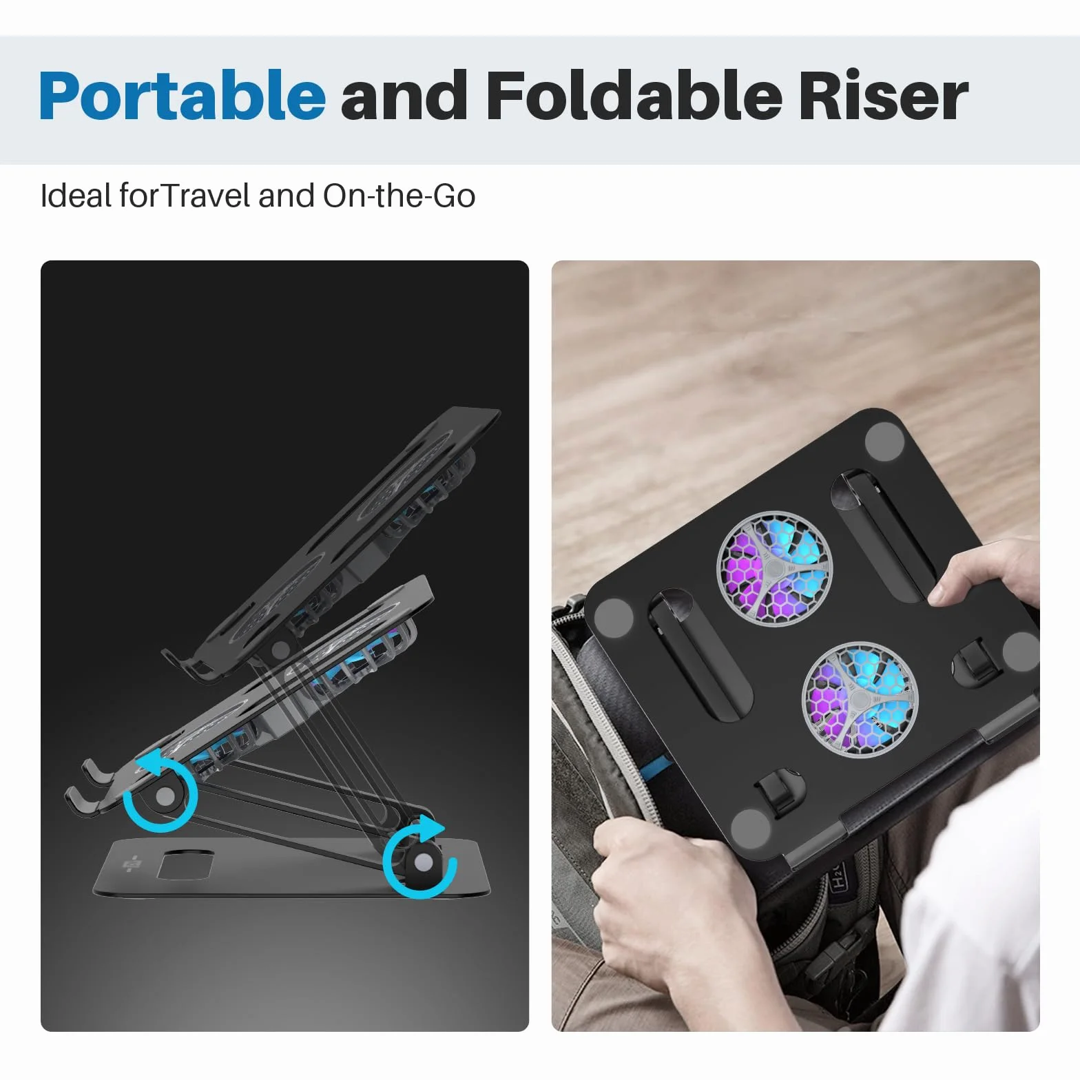YICOSUN Regulowany stojak chłodzący na laptopa z 2 cichymi wentylatorami i oświetleniem RGB, stop aluminium i składana, ergonomiczna konstrukcja do MacBooka, Lenovo, ASUS, Dell 25-40.6 cm, idealny do