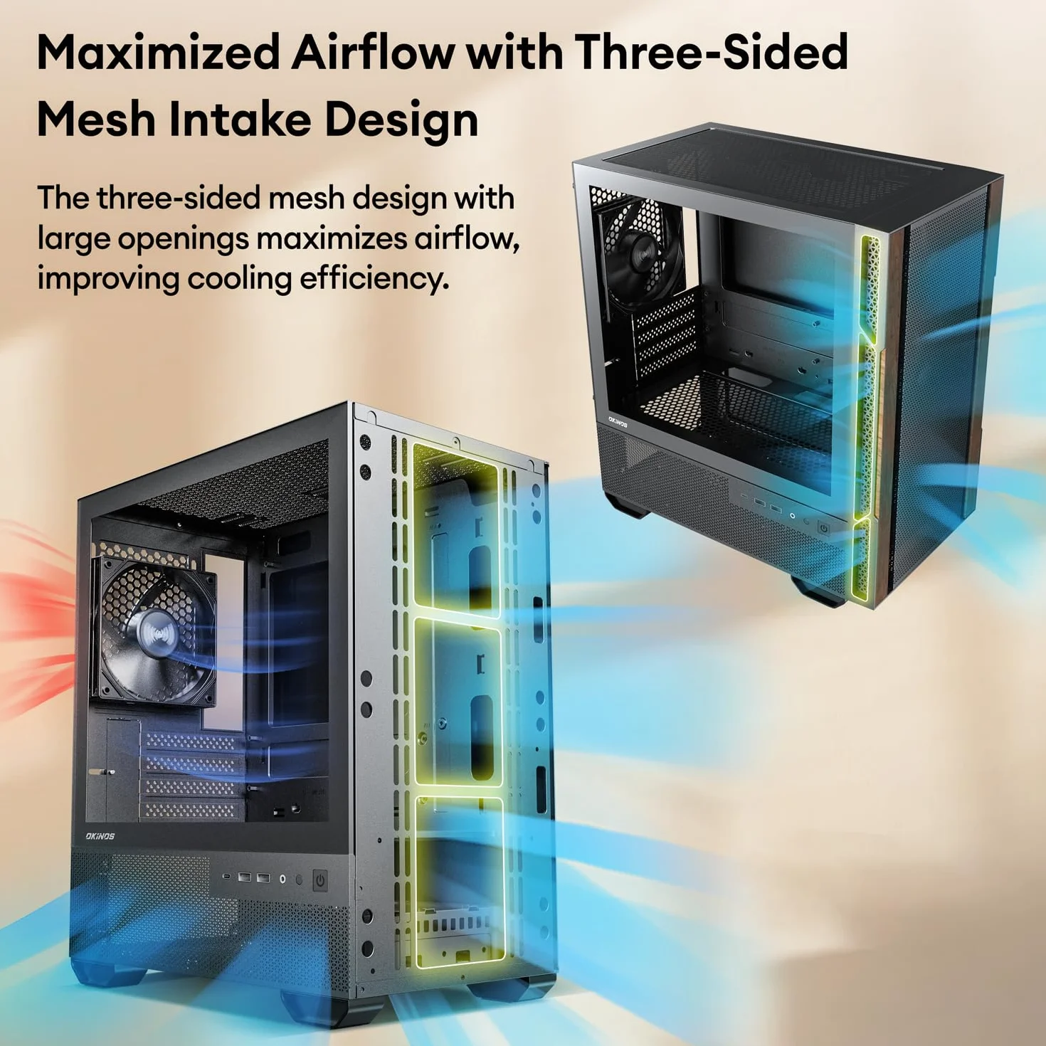 Okinos Drewniana obudowa Micro ATX, 4 × 120 mm 3-pinowe wentylatory bez PWM wstępnie zainstalowane, panel boczny ze szkła hartowanego, z type-C, czarny, cyprys 3 drewno