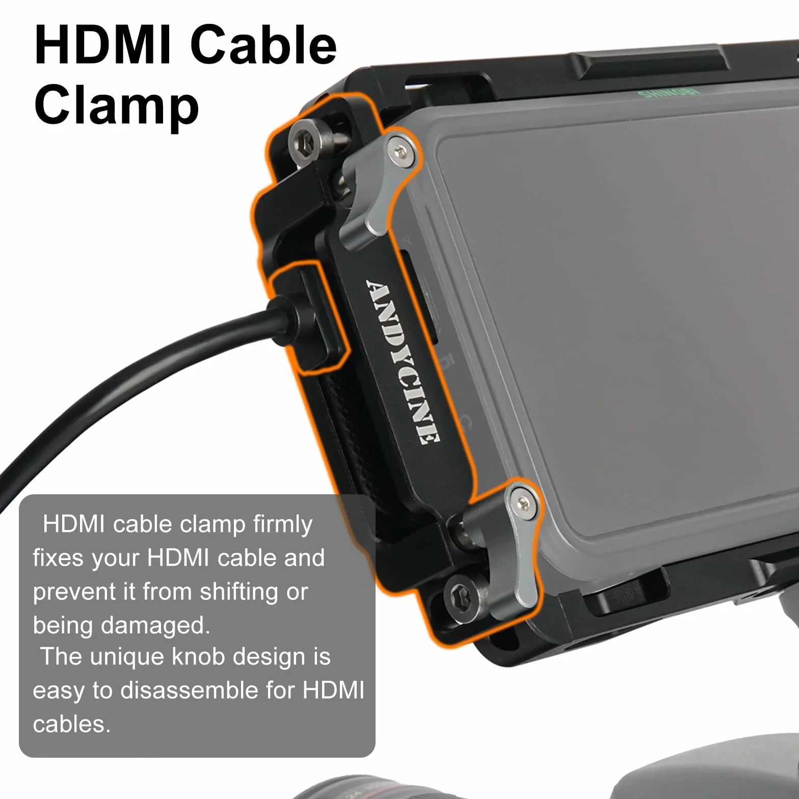 Klatka monitora ANDYCINE z osłoną przeciwsłoneczną kompatybilna z Atomos Ninja V/Ninja V+/Shinobi, wbudowanymi szynami Nato i zaciskiem kabla HDMI