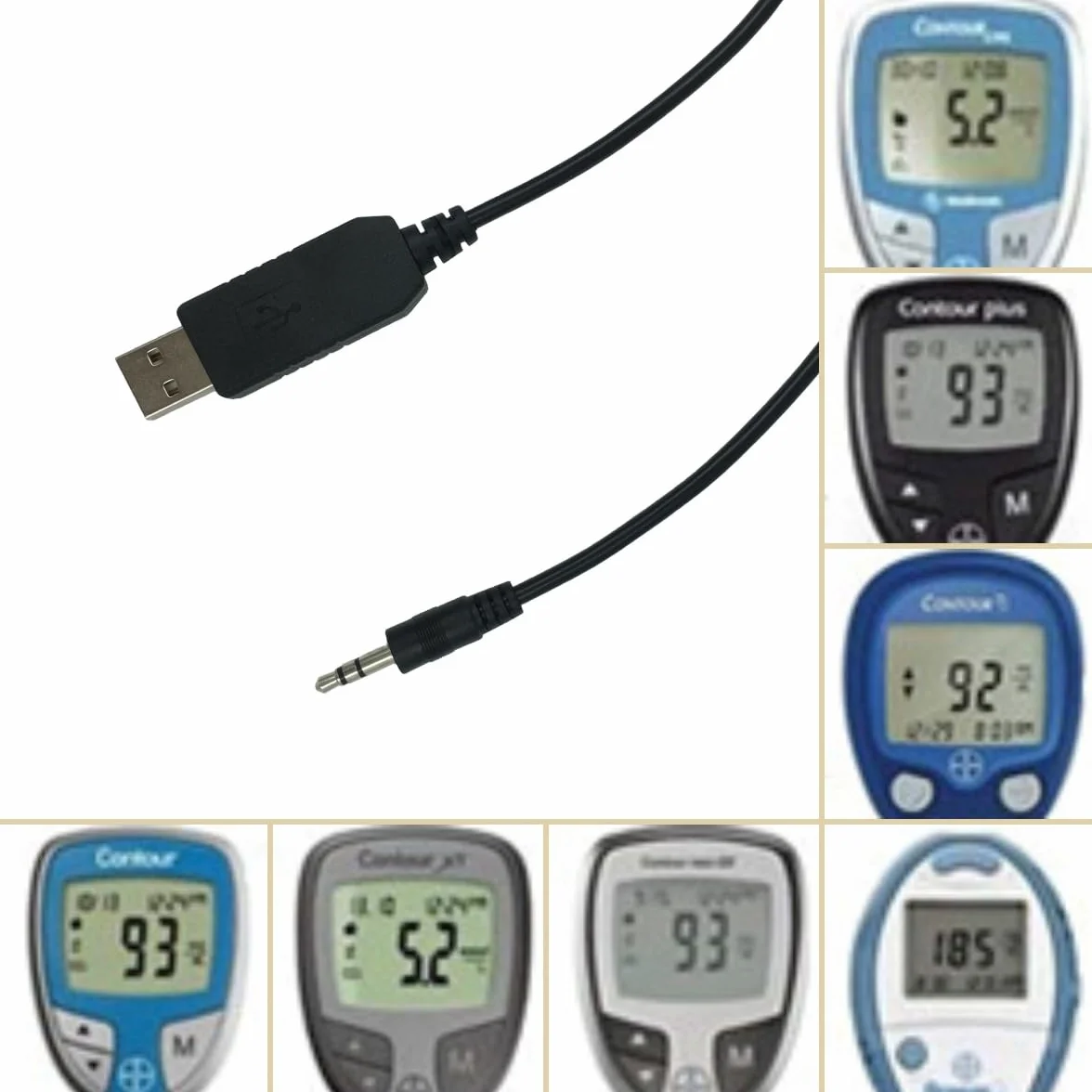 Kabel danych USB do glukozy Bayer Diabetes Glucose Meter, do konturowania, Contour TS, Contour Next EZ, Breeze 2 i Didget. Czarny, 90 cm