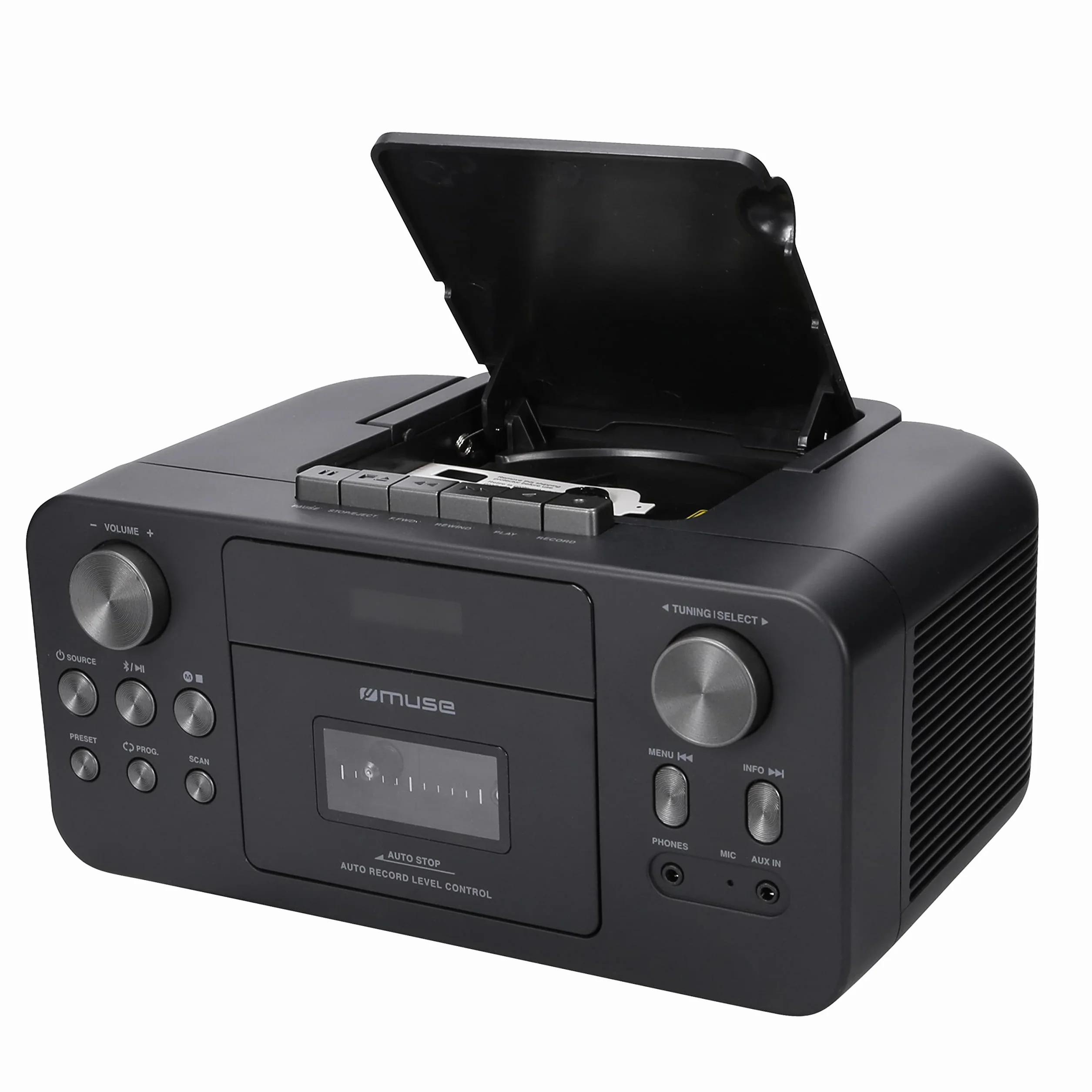 MUSE Przenośne radio DAB+ z odtwarzaczem CD Bluetooth, odtwarzacz kasetowy, UKW, wejście słuchawkowe, AUX-In, wyświetlacz LCD, strumieniowe przesyłanie muzyki, czarne (M-182DB)