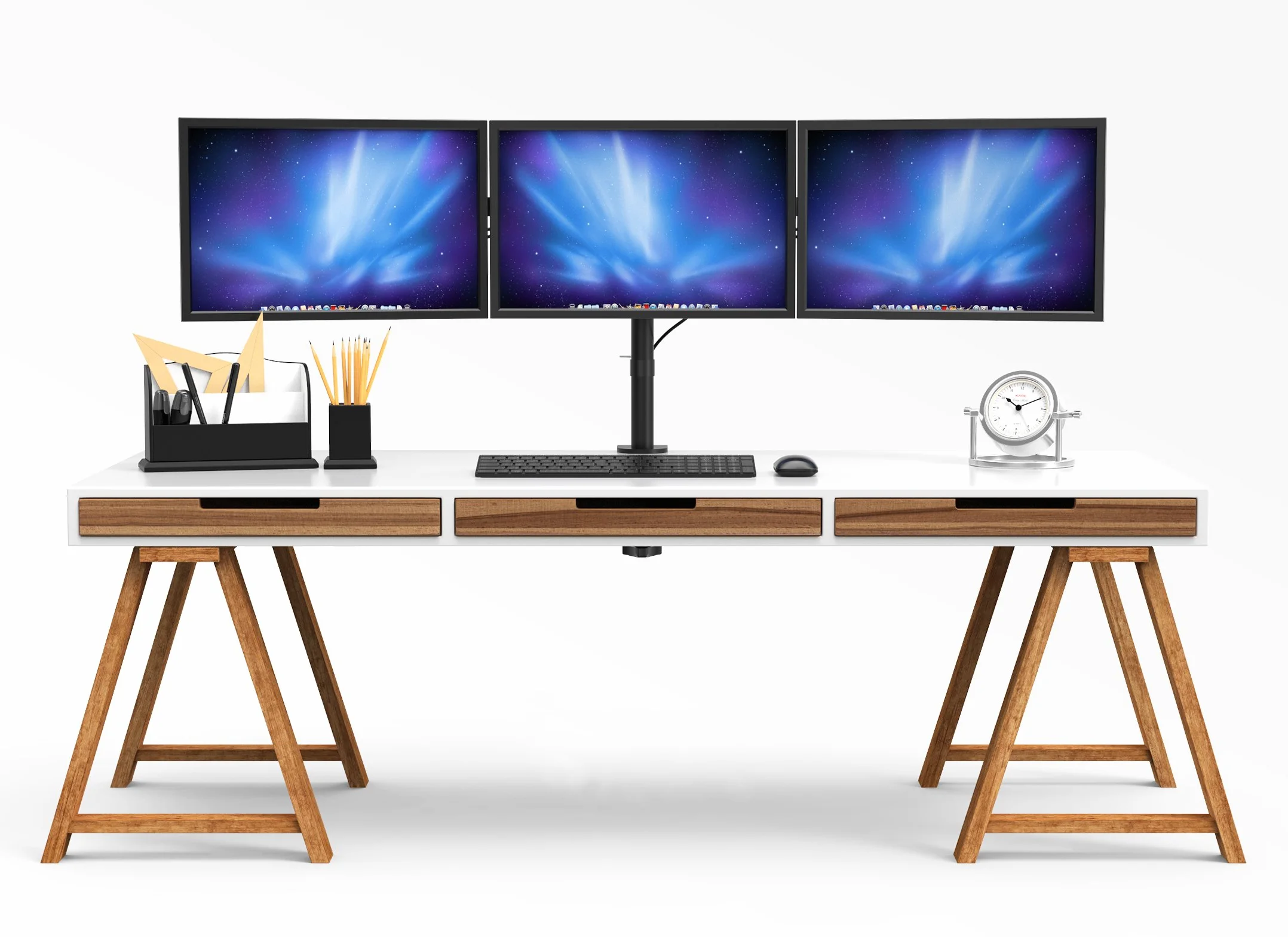 BONTEC Uchwyt na 3 Monitory Biurkowy 13-24 cale, VESA 75x75/100x100, Regulacja Wysokości, Pochylany 180°, Obracany 360°, Nośność 10kg na Monitor, Stojak na Monitory LCD/LED, Czarny | Potrójne ramię biurkowe z zaciskiem i otworem na kabel do pracy, nauki i