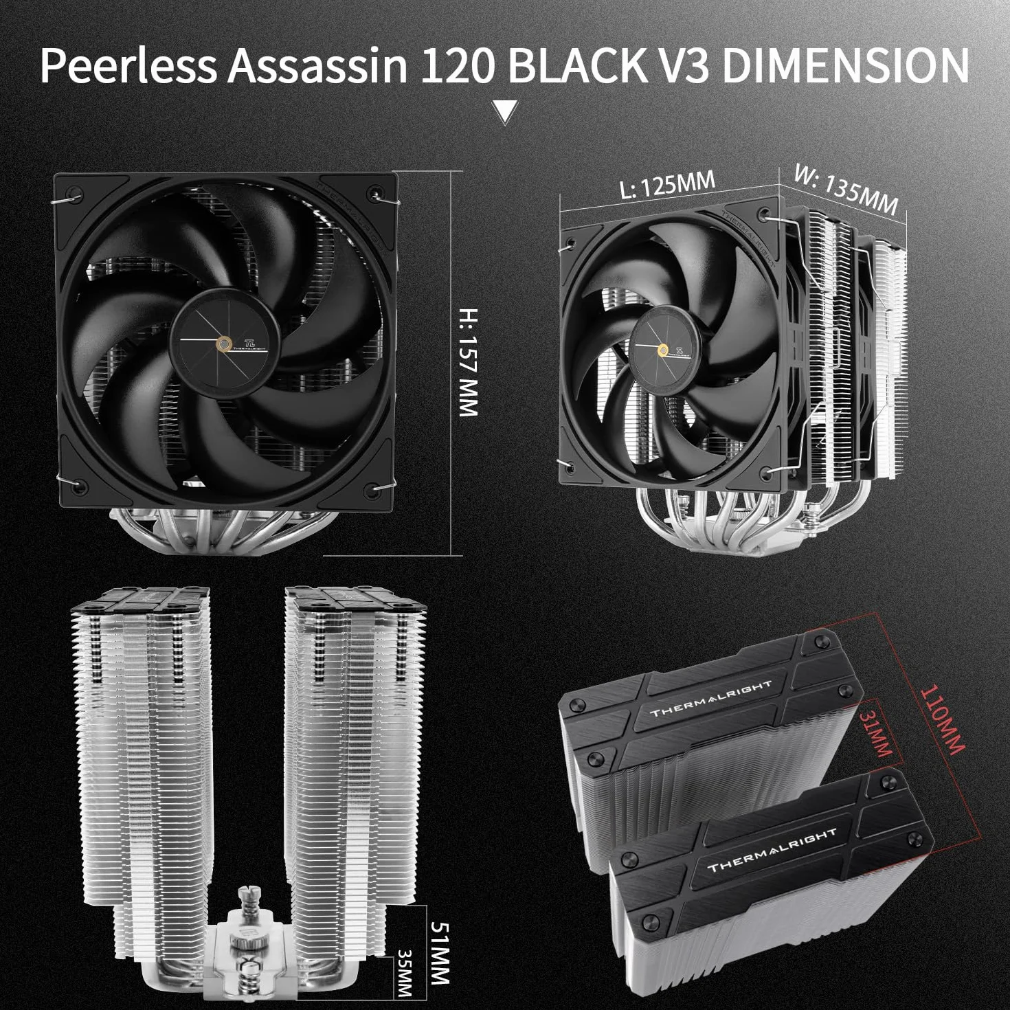 Thermalright Peerless Assassin 120 Black V3 CPU chłodnica powietrzna, chłodnica z 6 rurkami cieplnymi z dwoma wentylatorami TL-P12 PWM, Top Cover Design, dla AM4/AM5, Intel LGA 1851/1700/115X/1200