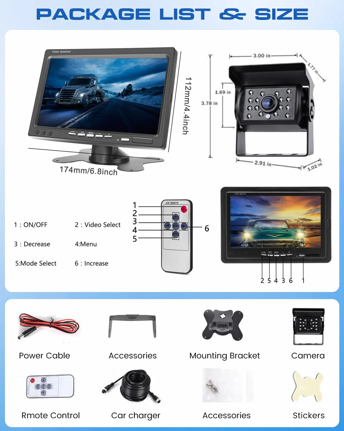 Hikity Zestaw 720P 7-calowy aparat cofania z wodoodporną kamerą IP68 18IR | Możliwość dostosowania do wielu pojazdów Przewodowa kamera cofania o 360° linie pomocy parkowania pilot zdalnego sterowania
