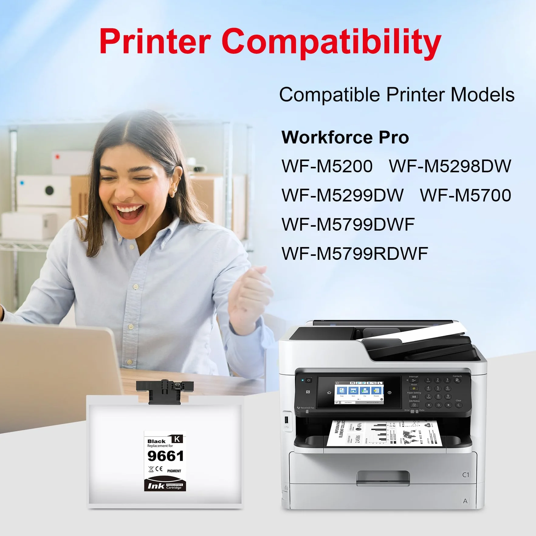 Wkład pigmentowy T9661 kompatybilny z EPS C13T966140 do Workforce Pro WF-M5200 WF-M5298DW WF-M5299DW WF-M5700 WF-M5799DWF WF-M5799RDWF Drukarka Series (1 szt. Czarny)
