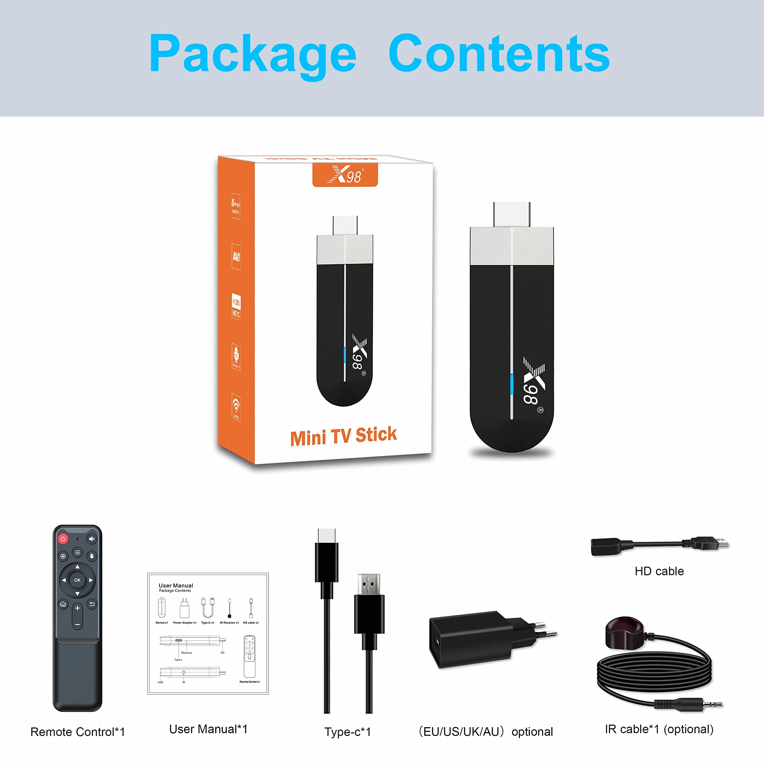 ZUMKUNM X98 S500 Smart TV Stick Android 11 Amlogic Quad Core 64 bit 4 GB RAM 32 GB eMMC Rom 4K UHD AV1 Dual WiFi 2.4G 5.8G Bluetooth 3D HDR HLG Support