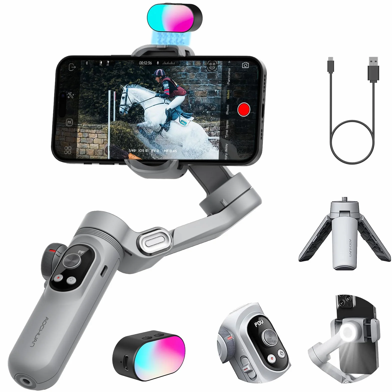 Stabilizator gimbala do smartfona, zestaw magnetycznych świateł uzupełniających RGB, wyświetlacz OLED, koło ostrości światła, profesjonalny 3-osiowy stabilizator do Androida i iPhone'a, zestaw AOCHUAN