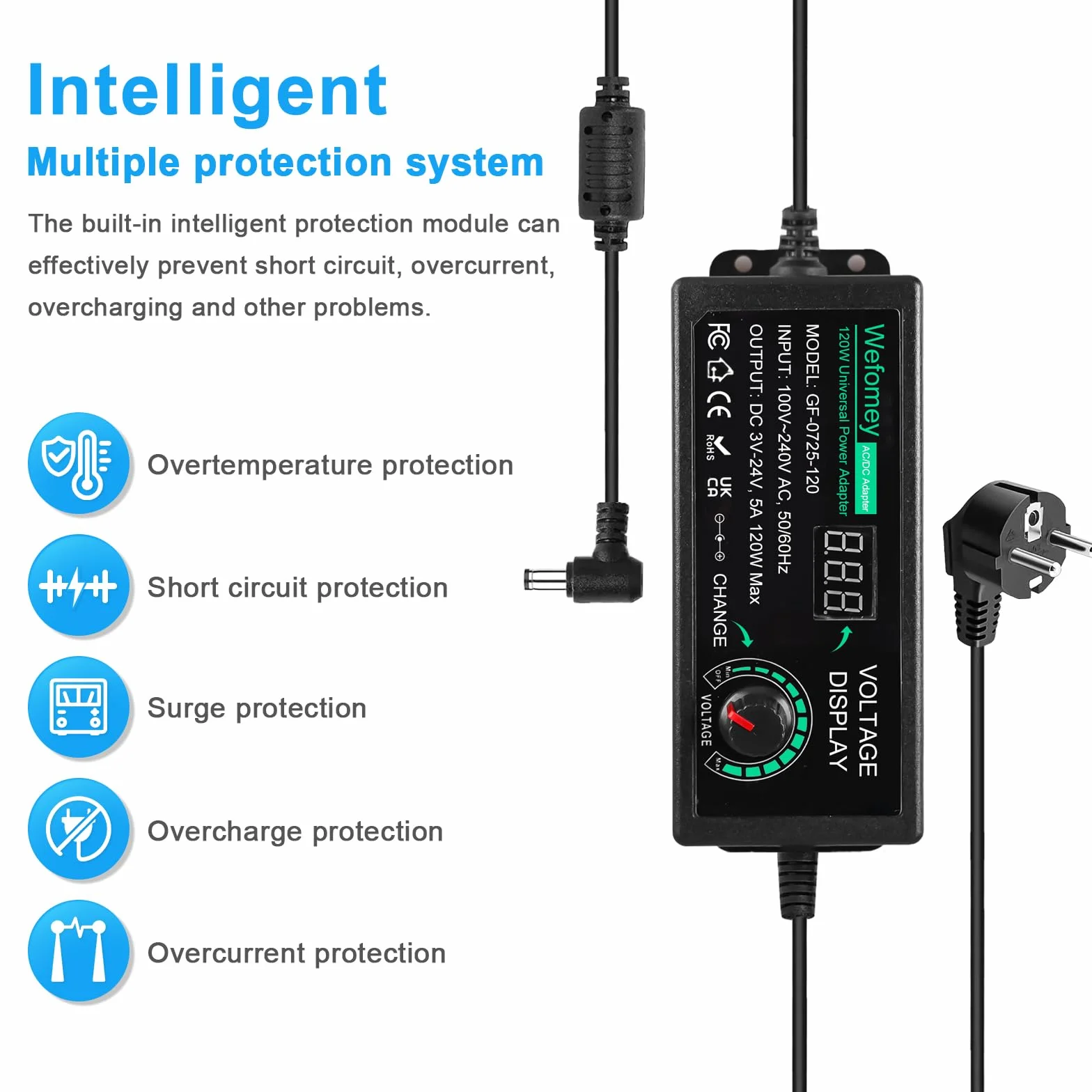 Uniwersalny zasilacz sieciowy 5A 120W regulowany 3V-24V 100V-240V AC na DC z wskaźnikiem LED 14 wtyczkami