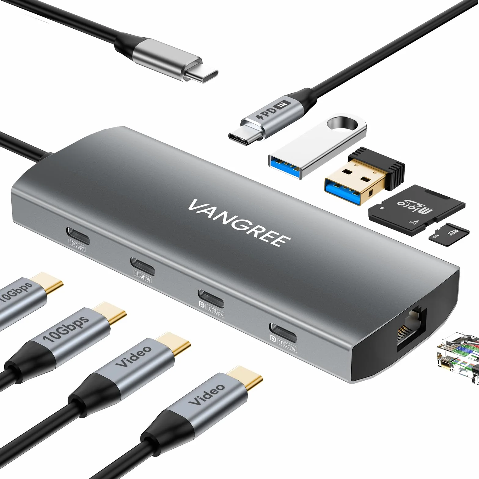 VANGREE 10Gbps USB C Hub, Dual 4K@60Hz USB-C Display, 100W PD | Rozdzielacz USB C 10w1, 2x USB-A & 2x USB-C 3.2, LAN 1Gbps, 100W PD, SD/TF, Podwójny Monitor do MacBook, Samsung, Dell