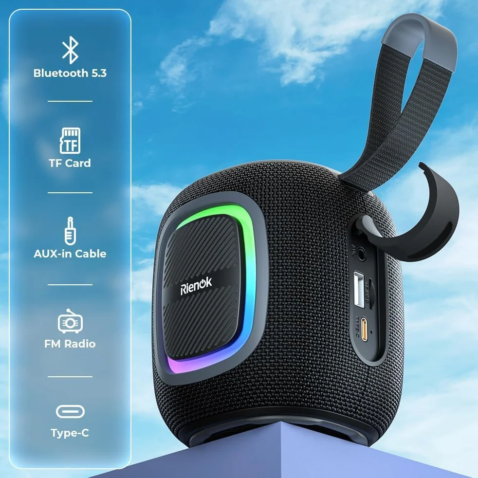 RIENOK Głośnik Bluetooth Bezprzewodowy Wodoodporny Mini Radio FM 15 Godzin Bluetooth 5.3 Karta TF USB Czarny