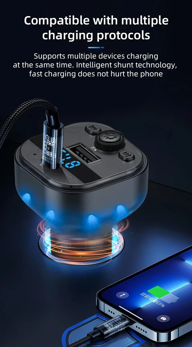 Ładowarka samochodowa FM transmiter, Bluetooth 5.3 Audio Auto odtwarzacz MP3, adapter do radia samochodowego typu C, USB 3.1 A szybka ładowarka