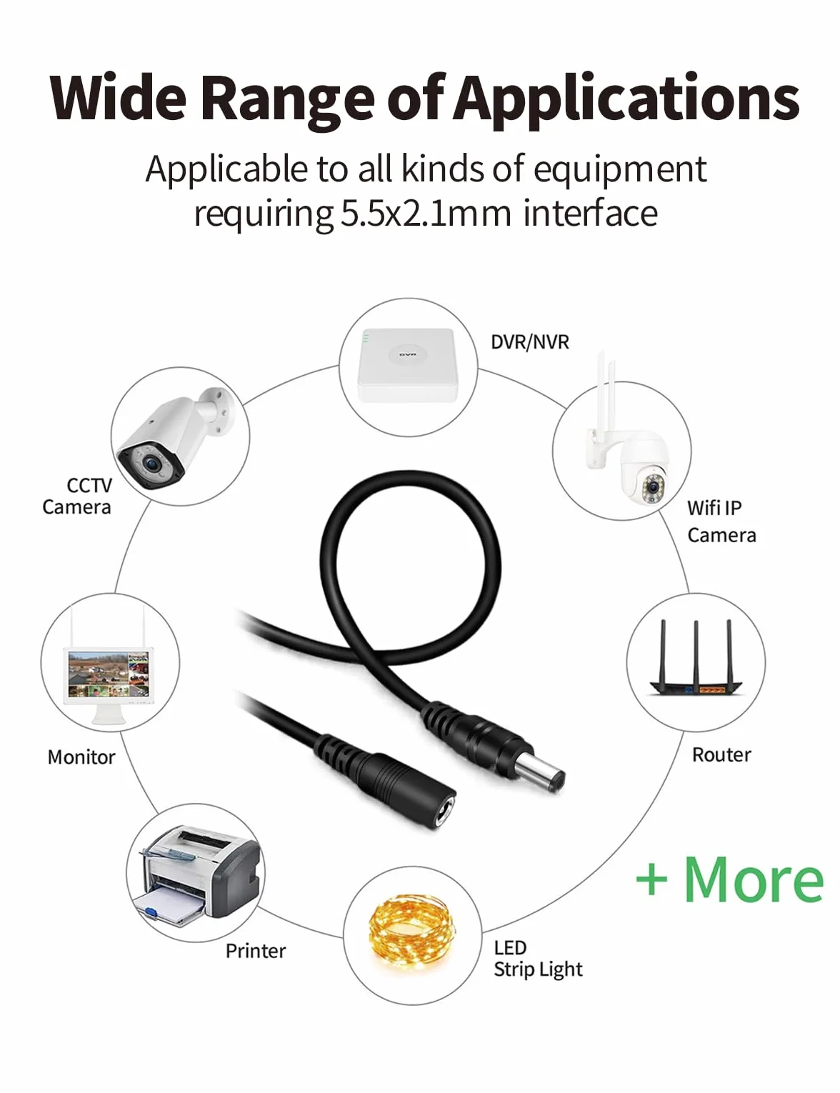 Tonton Przedłużacz CCTV 10 m 2,1 mm x 5,5 mm żeński na męski 12 V DC czarny
