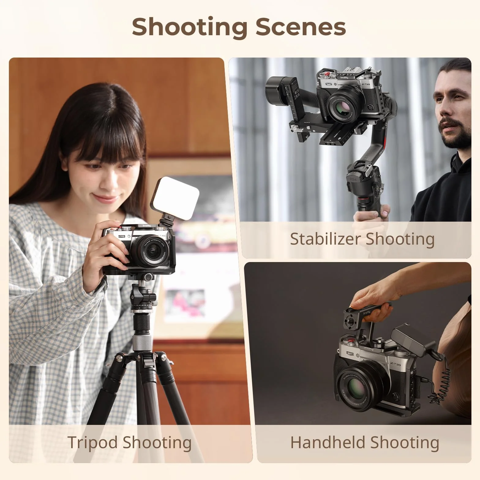 SMALLRIG Klatka fotograficzna X-T30 III do FUJIFILM X-T30 / X-T30II / X-T30III, wbudowany ergonomiczny silikonowy uchwyt, płytka szybkiego montażu do Arca, gniazdo QD i otwory na pasek - 5662