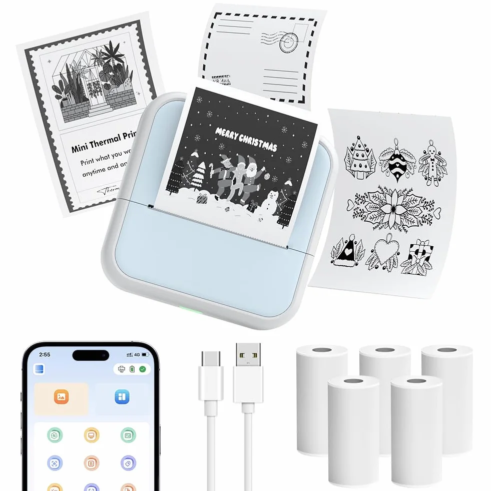 OFFCUP Mini drukarka Mini drukarka fotograficzna z 5 rolkami papieru Przenośna mini drukarka termiczna Drukarka kieszonkowa Drukarka Bluetooth do smartfonów z systemem iOS i Androidem do notatek