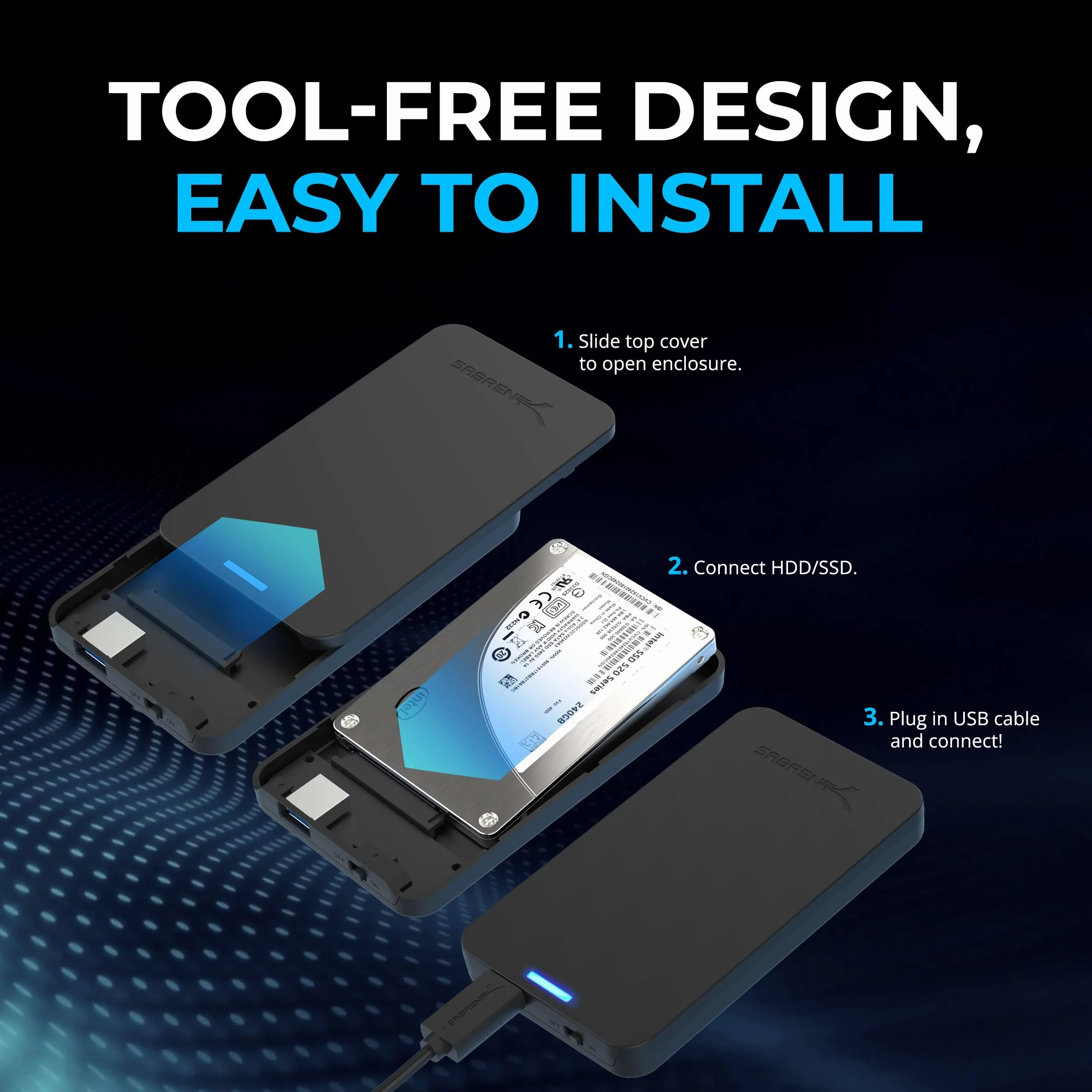 SABRENT 2.5 cala SATA na USB 3.0 Gen 1 SSD/HDD Zewnętrzna obudowa dysku twardego, zewnętrzna obudowa dysku twardego, adapter dysku twardego 7 mm/9,5 mm, [Obsługa SATA I II III UASP] Czarny (EC-UASP)
