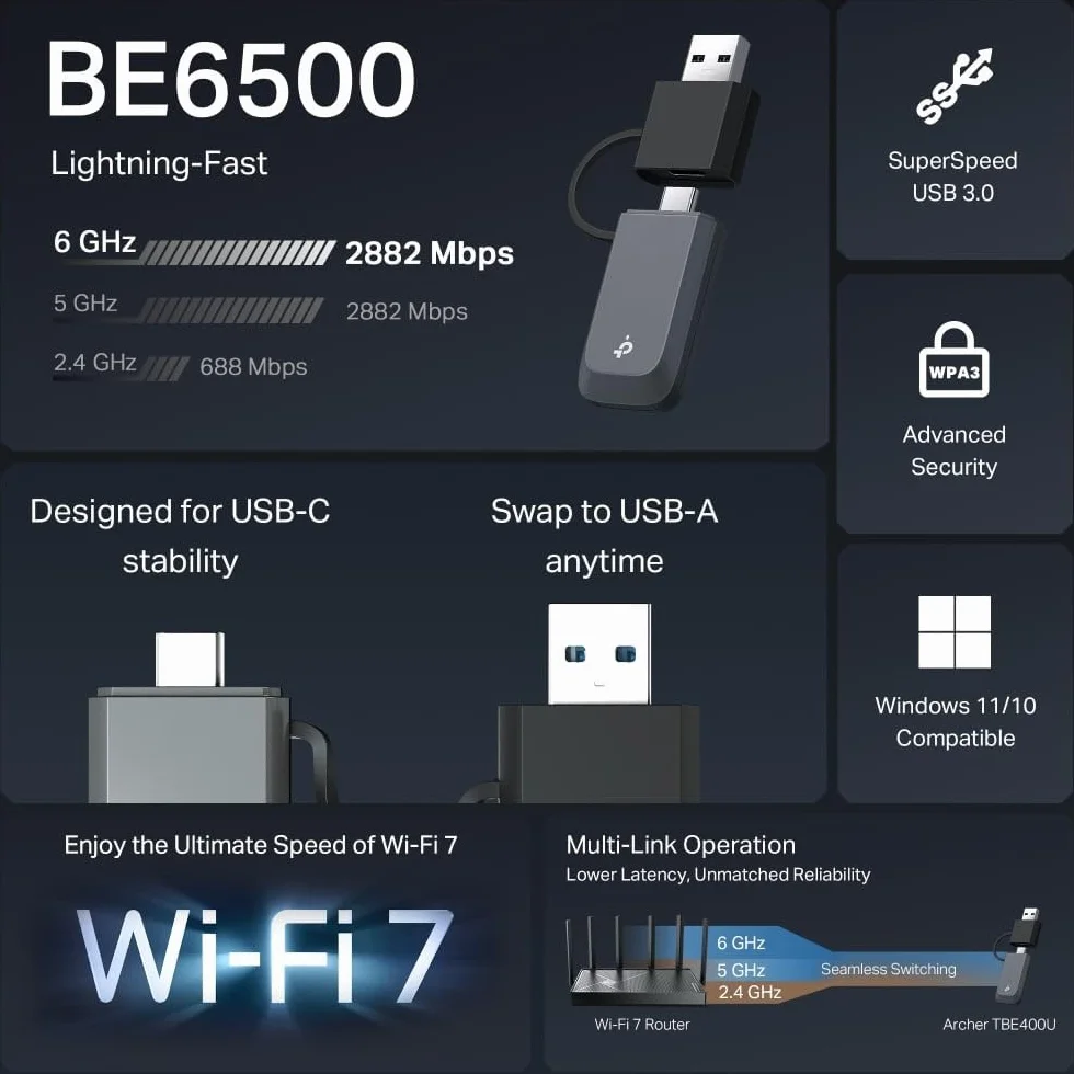 TP-Link Archer TBE400U Wi-Fi 7 pendrive do PC, USB-C/A WLAN adapter BE6500 Tri-Band, MU-MIMO, WPA3, USB 3.0, kompatybilny tylko z Windows 10/11