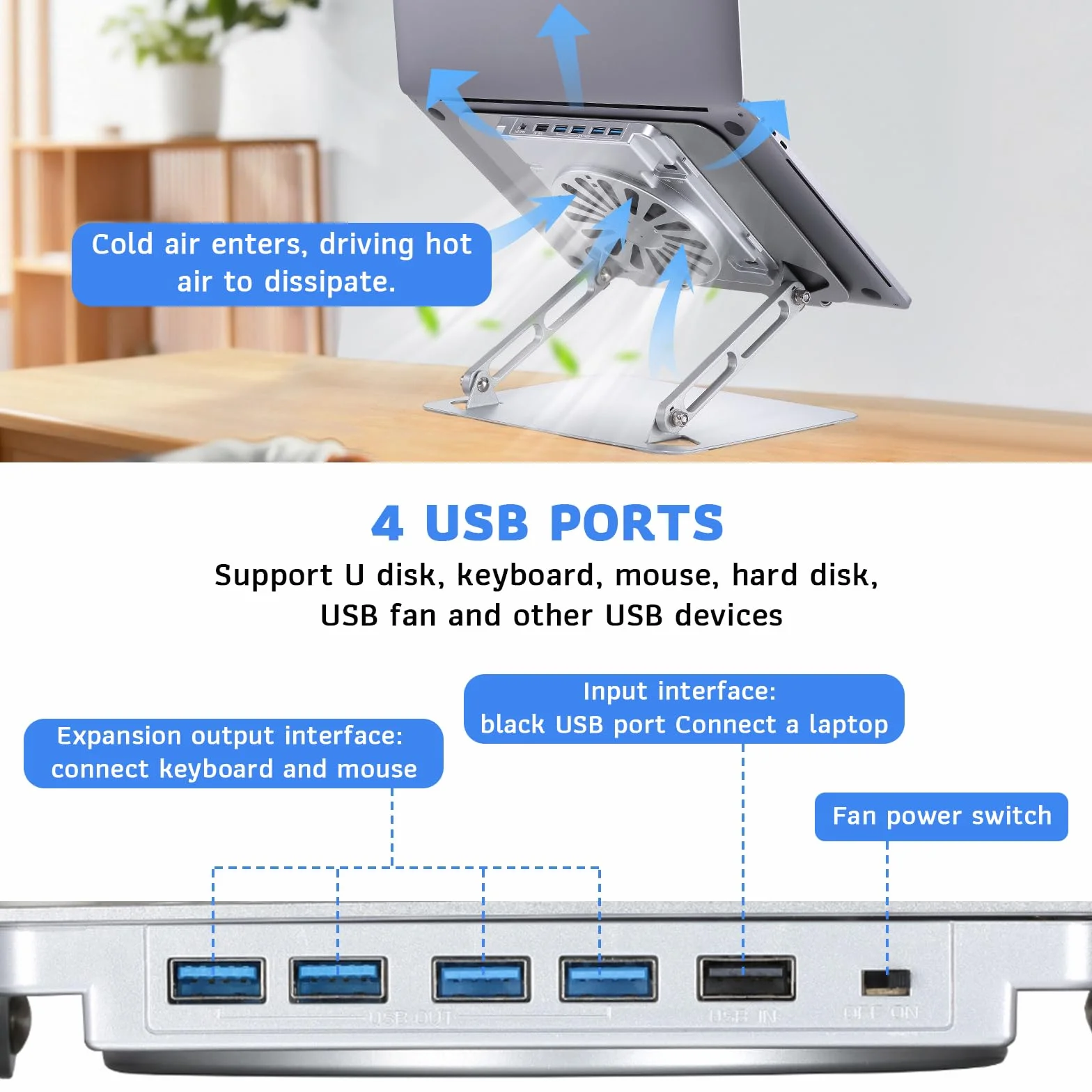 Podkładka chłodząca do laptopa dla graczy, płynna obsługa dotykowa, chłodzenie laptopa o przekątnej ekranu 13-16", obracana o 360°, nośność 10 kg i cicha praca 18 dB