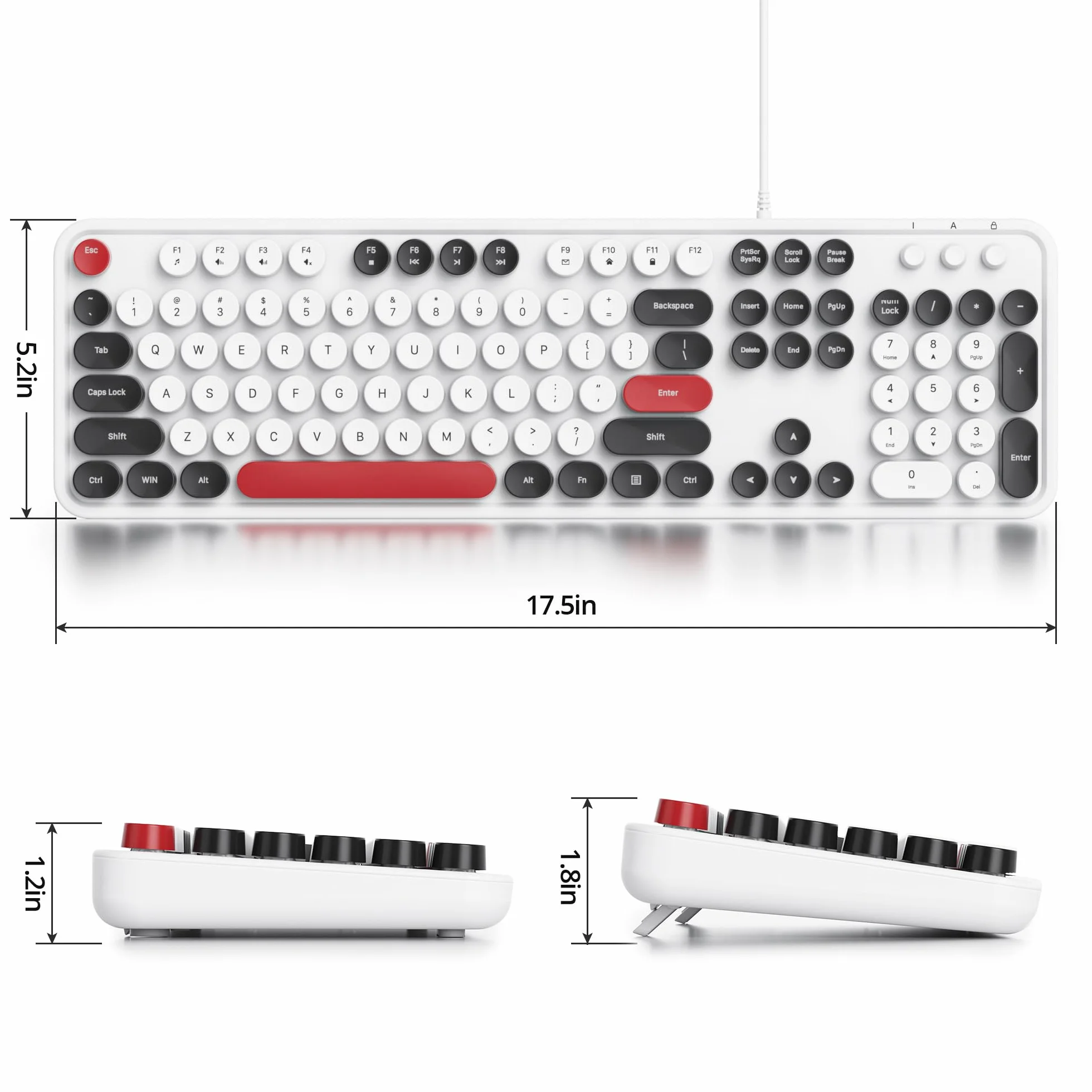 HJZWTS Owpkeenthy przewodowa urocza okrągła klawiatura do pisania w stylu retro, Plug and Play, USB, pełny rozmiar, ze składanymi stojakami do laptopa i komputera biurowego (minimalistyczna biel)