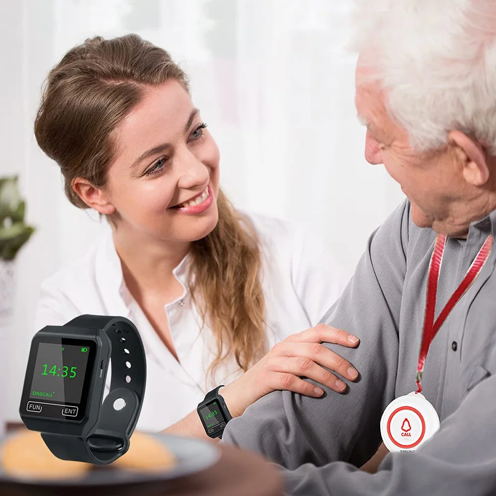 SINGCALL Bezprzewodowy Pager dla Opiekunów Inteligentny System Przywoławczy dla Domu/Osób Starszych/Pacjentów/Niepełnosprawnych Uwaga Pager 1 Przenośny Odbiornik Zegarkowy 1 Nadajnik SOS