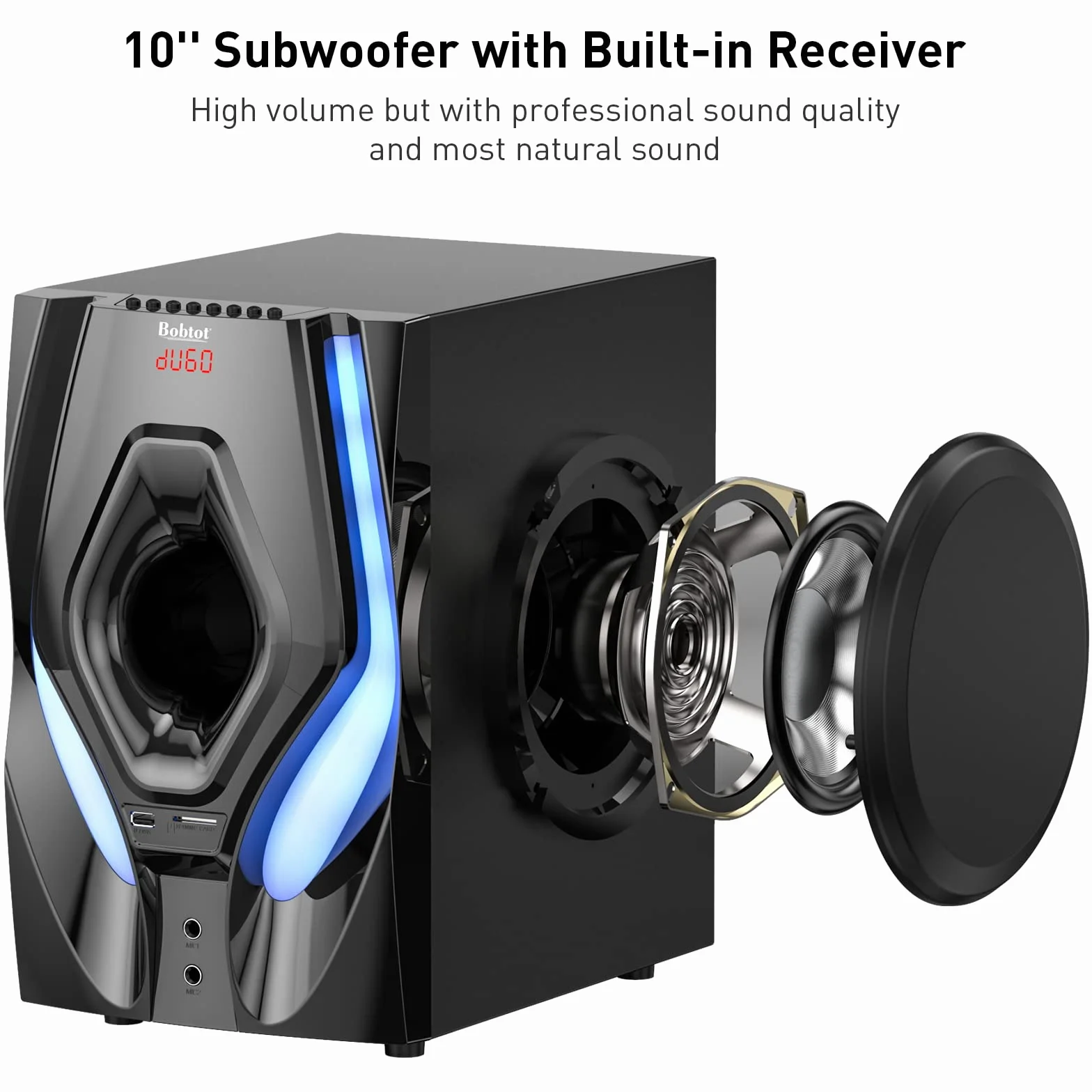 Bobtot System dźwięku przestrzennego kina domowego – 1200 W 10-calowy subwoofer 5.1-kanałowy system audio stereo z optycznym wejściem Bluetooth HDMI ARC do telewizora 4K Ultra HD AV, DVD, radia FM