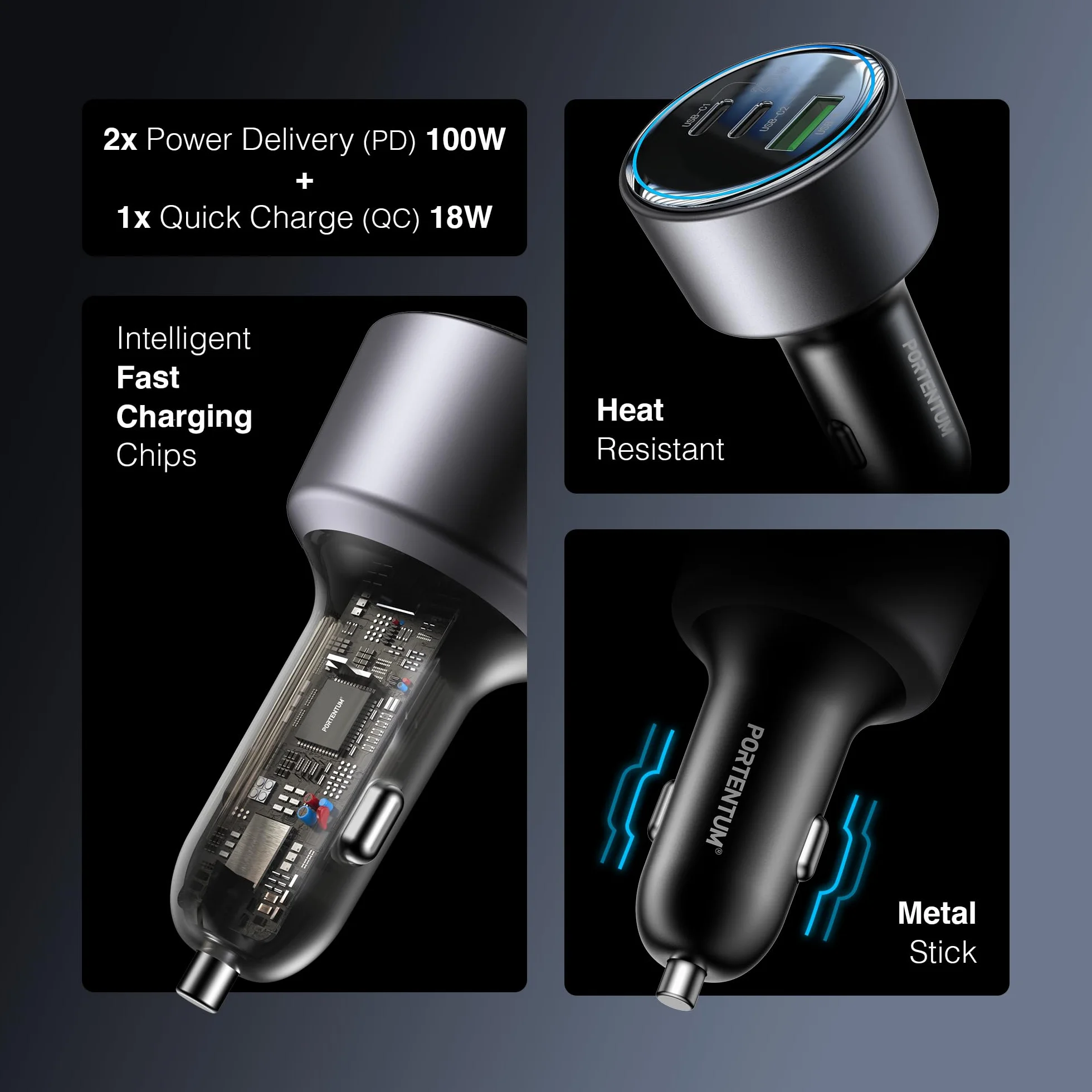 PORTENTUM Adapter ładowarki samochodowej 200 W – darmowy kabel USB-C – potrójny i symulacyjny – 2 x USBC PD 100 W + USBA QC 18 W – ładowanie USB do zapalniczki samochodowej do iPhone'a, iPada
