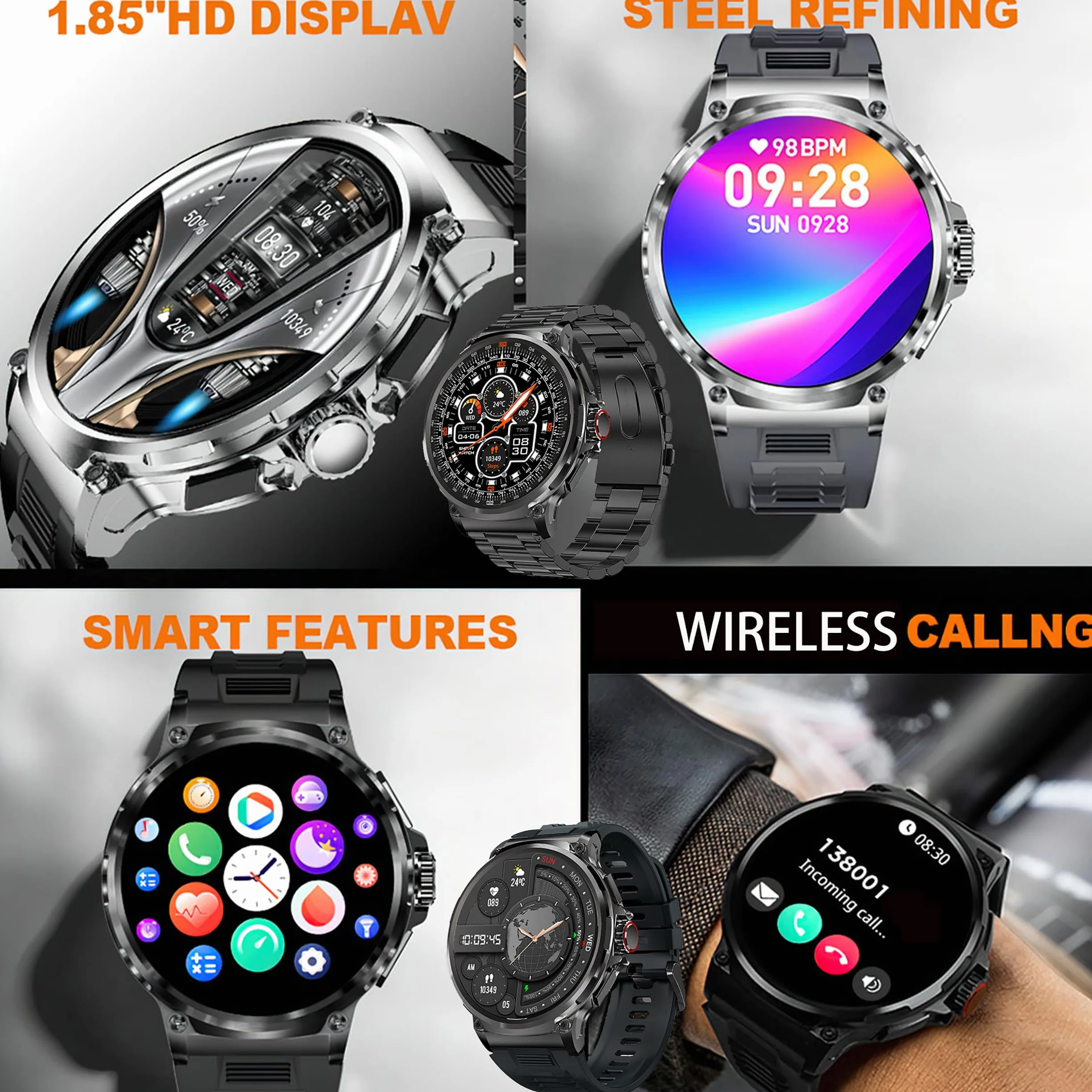 Smart Watch dla mężczyzn z funkcją telefonu, 1,85" AMOLED okrągły ekran, monitor tętna, śpiączki, krokomierz i połączenia telefoniczne