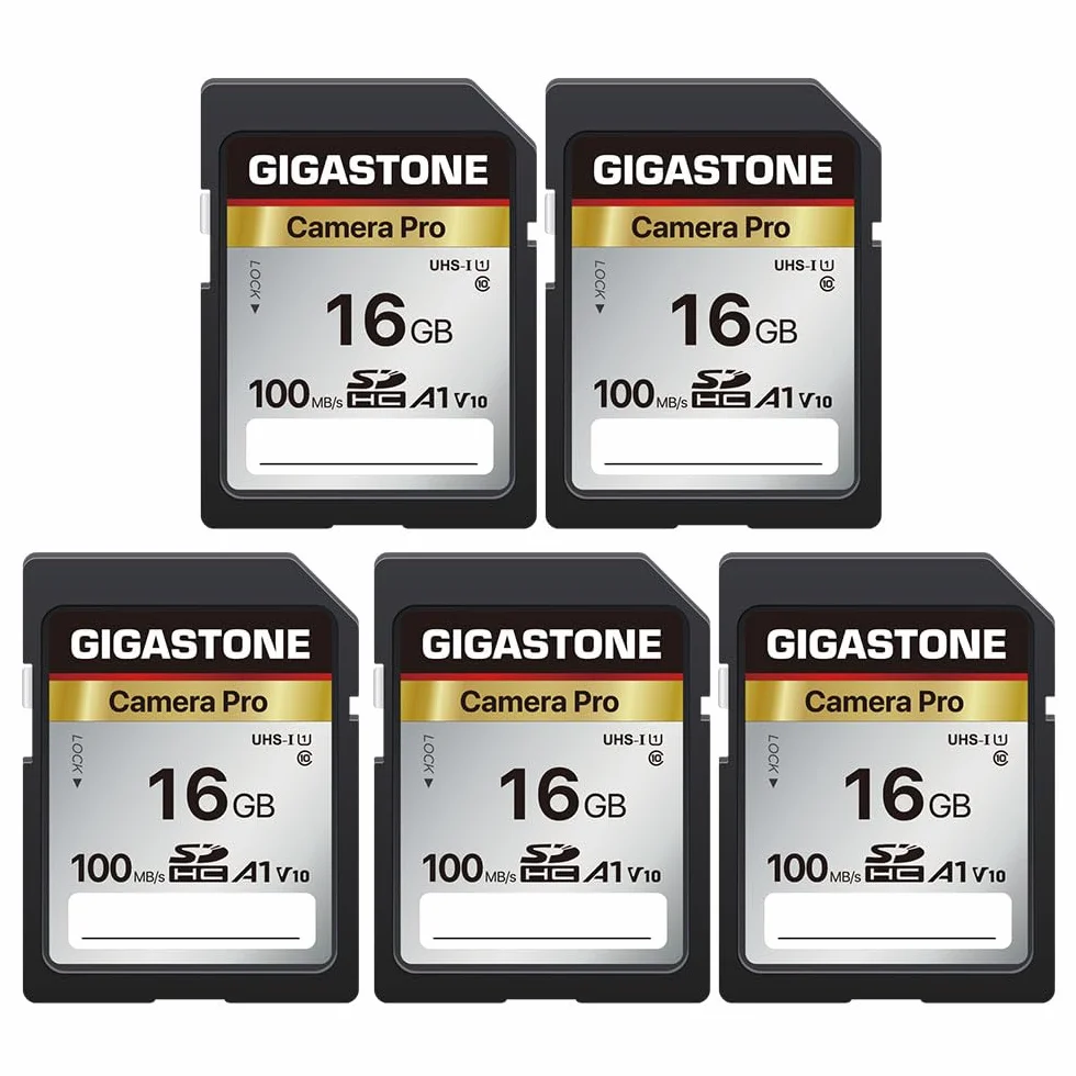 Gigastone Kamera Pro 16 GB SDHC karta pamięci 5 szt. w opakowaniu do 100 MB/s do aparatów cyfrowych Canon Sony Nikon Olympus, nagrywanie wideo Full HD UHS-I U1 V10 klasa 10