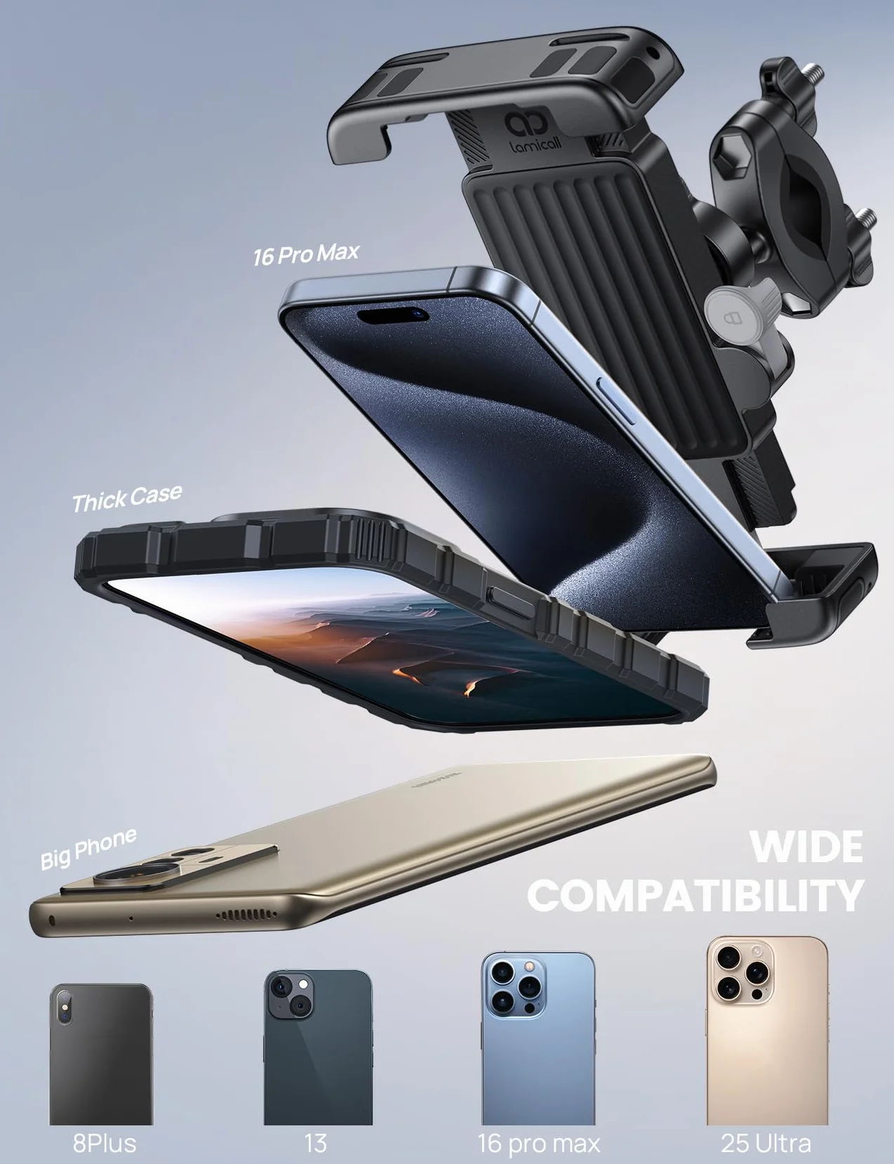 Lamicall Uchwyt na telefon rowerowy-[1S blokada/odblokowanie] obrót o 360°, uchwyt na telefon motocyklowy z silikonową ochroną do iPhone'a 17 16/15 Pro Max, Galaxy S25 S24 Ultra i innych smartfonów 6